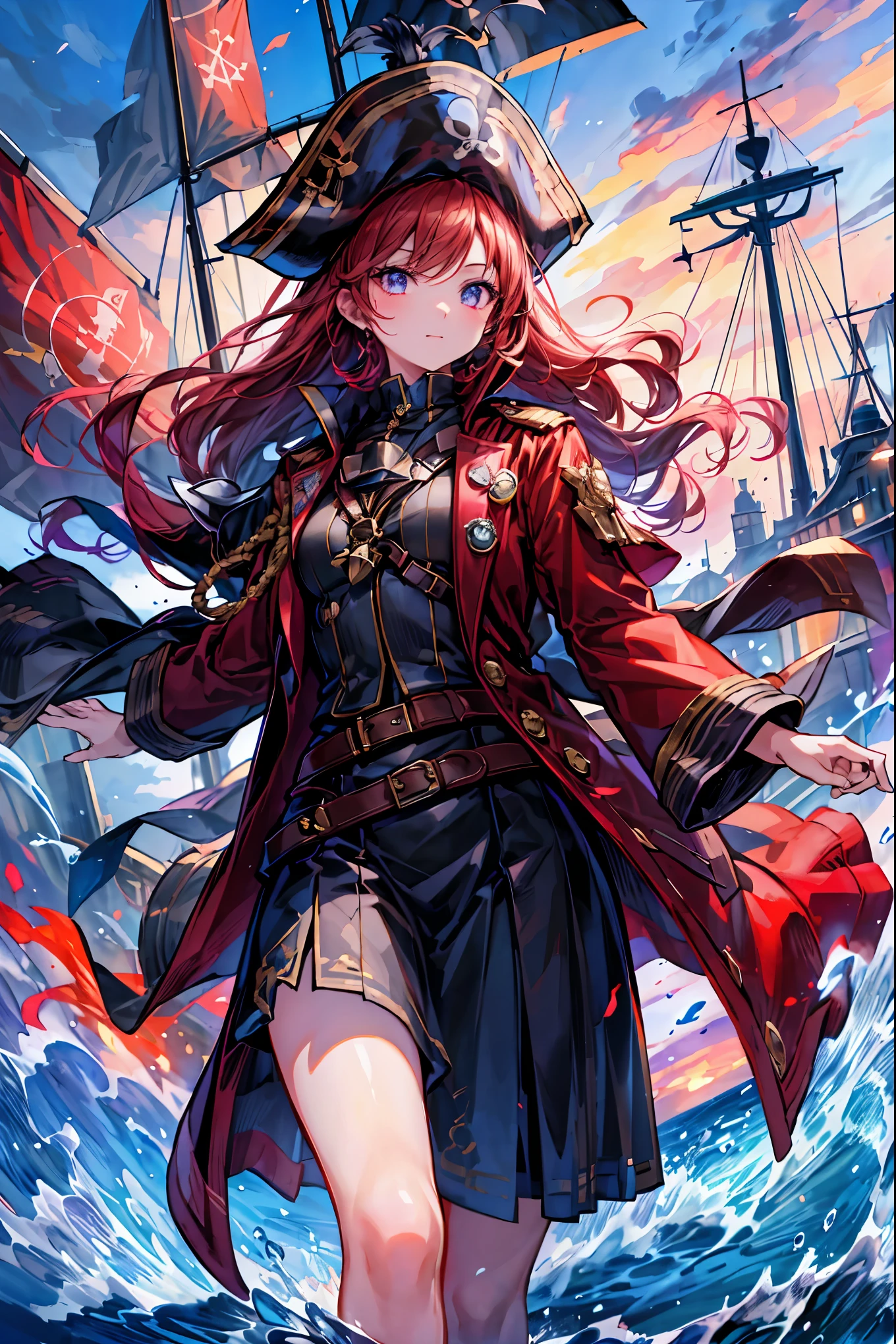 Brilliant Colors,beautiful eyes,A delicate smile,Textured Skin,masterpiece,Kilo,Highest Quality,gentle and beautiful woman,Pirate Fleet，無数のsailが旗めく，sail，The Enchanted Pirate,A powerful pirate ship,A magnificent ship's hull,A rolling ocean,A vibrant scarlet flag,A pirate captain full of adventurous spirit,night，Break (masterpiece:1.2), 最High Quality, high resolution, Unity 8k Wallpaper, (shape:0.8), (Beautiful attention to detail:1.6),  Highly detailed faces, perfect lighting, very detailed CG, (perfect hands, perfect anatomy),St. Elmo's Fire，meteor、空から降り注ぐmeteor、無数のmeteor群，The Ship Wrapped in the Hand of Fire，A gaze with thick eyelashes,A look like a noble thief,The captain's solemn posture,Extreme detail,Realistic,professional,Incredibly detailed,masterpiece,4K,High Quality,ultimate reality,Dramatic Lighting,dynamic composition,Overwhelming Realism,Dark tones and highly saturated accents,A lively marine painting