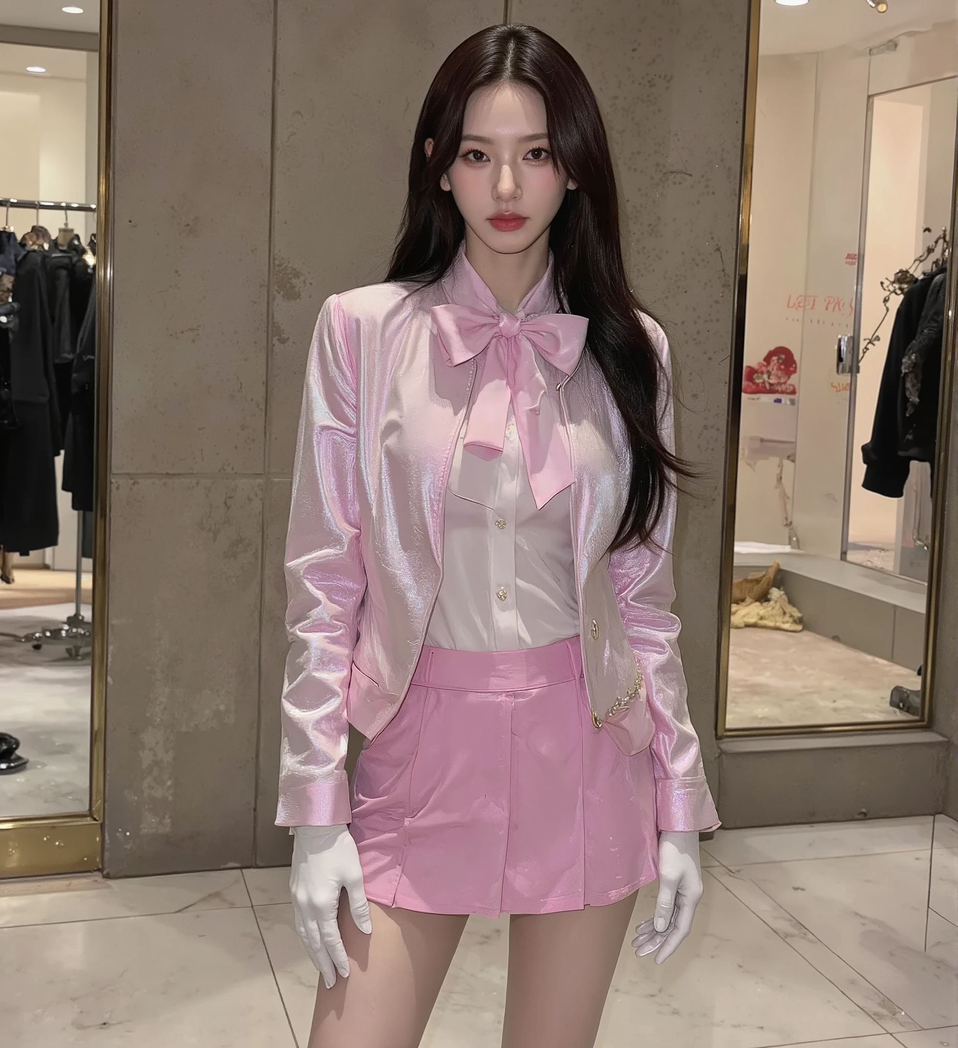  High Resolution 、 silk jacket with reflective luster、 blouse with large bow 、 micro mini skirt 、 tight skirt 、 pink、Thin type、  white gloves、 Department Stores、Silk shiny clothes 