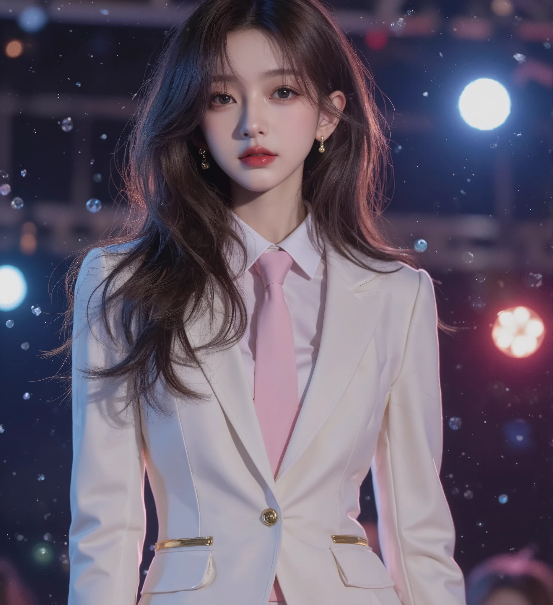 A breathtaking portrait of a petite Japanese idol captured in the perfect moment on a brightly lit stage, her radiant smile and sparkling eyes exuding an aura of unmatched charm and elegance. Her flawless, perfectly proportioned face is gently illuminated by a soft spotlight, highlighting every delicate detail—from the subtle glow of her skin to the light catching in her flowing, silky hair. Her expression is effortlessly natural yet captivating, as if radiating pure joy and confidence that draws all eyes to her.
She wears a stylish and slightly modernized school uniform, featuring a fitted blazer with subtle gold accents, a pastel-colored tie, and a flowing pleated skirt that adds a touch of movement to the composition. The uniform reflects the colorful stage lights, creating a gentle shimmer that enhances her radiant appearance. Her posture is poised yet relaxed, embodying a sense of timeless grace and natural beauty.
The background is softly blurred, with hints of vibrant, colorful lights and subtle floating decorations like glowing particles and soap bubbles, adding a dreamy atmosphere without detracting from her focus as the centerpiece. The composition captures her from a slightly tilted, dynamic angle, emphasizing her charm and presence in a way that feels both artistic and iconic. The lighting and colors are perfectly balanced, with vivid pastel tones and cinematic contrasts creating a stunning visual impact.
This image embodies the essence of a true phenomenon—a moment of perfection that captures the heart of everyone who sees it. Ultra-detailed, hyper-realistic, cinematic lighting, dynamic angles, flawless proportions, vibrant pastel colors, magical and captivating atmosphere, Japanese idol performance, legendary and timeless beauty.