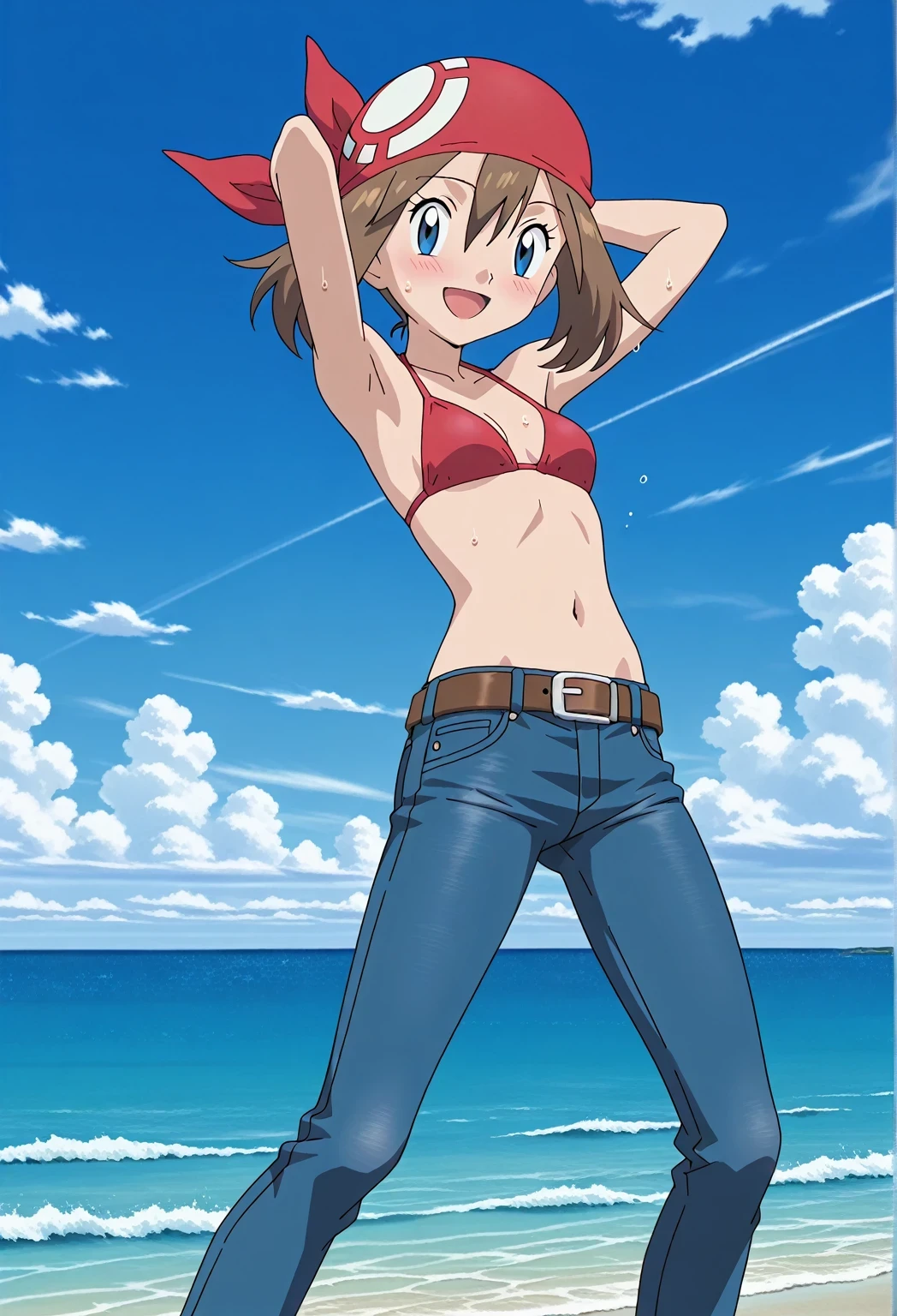 score_9, score_8_up, score_7_up, source_anime, highres, hi res, ((best quality, top quality, perfect quality, Highest Quality, amazing quality)), {{masterpiece}}, {{an extremely delicate and beautiful}}, 2d, intricate details, official style, anime, 8k, anime style, official_anime, official art, digital painting, cell shading, soft shading, high resolution, soothing tones, Subdued Color, Soft cinematic light, adobe lightroom, photolab, HDR, intricately and hyper-detailed, ((high quality animation)), 1 girl, Alone, solo, ((ocean)), tsunami, on the water, day, sunny, outdoors, sky, windy, pokemonmay, Pokemon ag, short hair, blue eyes, brown hair, bandana, red bandana, twintails, hair between eyes, ((hair in bandana:1.4)), anime screencap, small breasts, red bikini top, best quality, hyper-detailed jeans, belt, brown belt, ((blue jeans:1.9)), (dark blue jeans:0.6), full medium body, medium shot, Open mouth, smiling, happy face, blush, sweat, standing, ((arms behind head:6.0)), ((perfect arm line:2.5)), bowlegged, jumping pose, action, looking at viewer, spread legs, Bend knees slightly, straight-on front view
