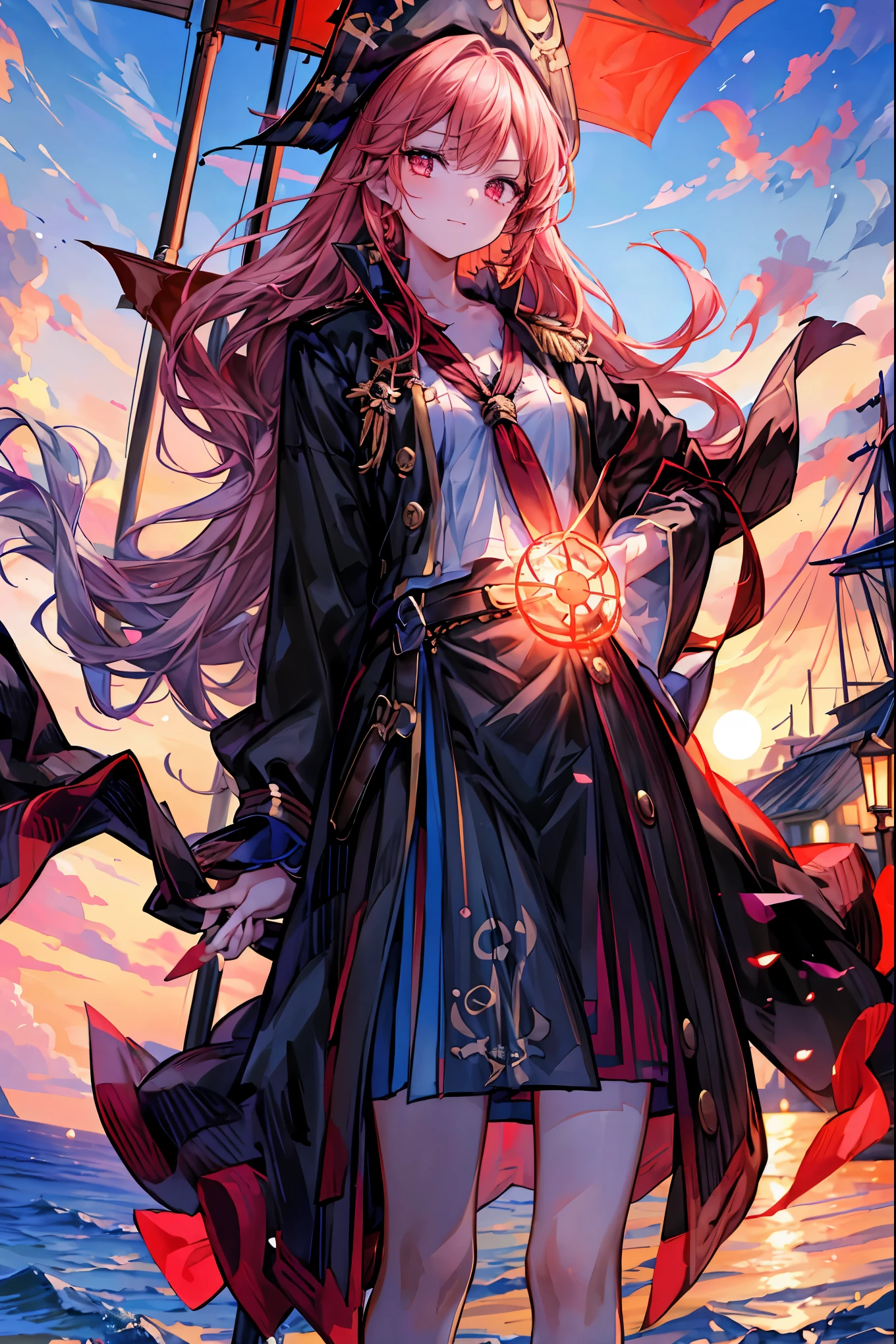 Brilliant Colors,beautiful eyes,A delicate smile,Textured Skin,masterpiece,Kilo,Highest Quality,gentle and beautiful woman,Pirate Fleet，無数のsailが旗めく，sail，The Enchanted Pirate,A powerful pirate ship,A magnificent ship's hull,A rolling ocean,A vibrant scarlet flag,A pirate captain full of adventurous spirit,night，Break (masterpiece:1.2), 最High Quality, high resolution, Unity 8k Wallpaper, (shape:0.8), (Beautiful attention to detail:1.6),  Highly detailed faces, perfect lighting, very detailed CG, (perfect hands, perfect anatomy),St. Elmo's Fire，meteor、空から降り注ぐmeteor、無数のmeteor群，The Ship Wrapped in the Hand of Fire，A gaze with thick eyelashes,A look like a noble thief,The captain's solemn posture,Extreme detail,Realistic,professional,Incredibly detailed,masterpiece,4K,High Quality,ultimate reality,Dramatic Lighting,dynamic composition,Overwhelming Realism,Dark tones and highly saturated accents,A lively marine painting