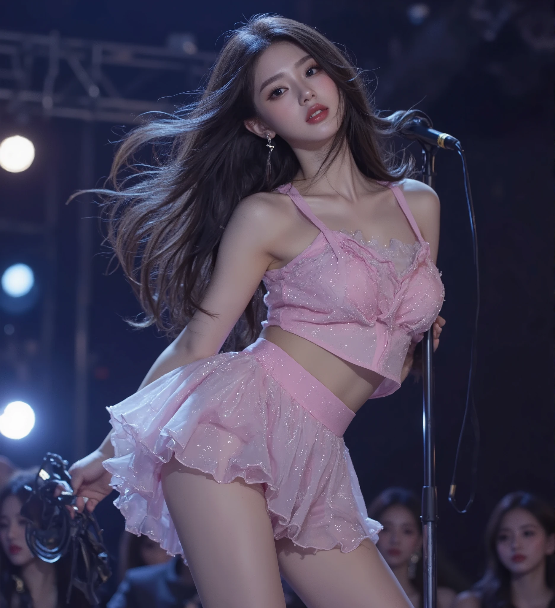 「NSFW」4k、high-detail、Korean girl、Healthy skin、modeled、Beautiful leg mini skirt、kawaii faces、Popular Korea idols with a smile、Big eye false eyelashes、(((Dancing and singing on stage)))、Lit up、Glittering costumes Long black hair To the wind Brown hair and pink gray hair