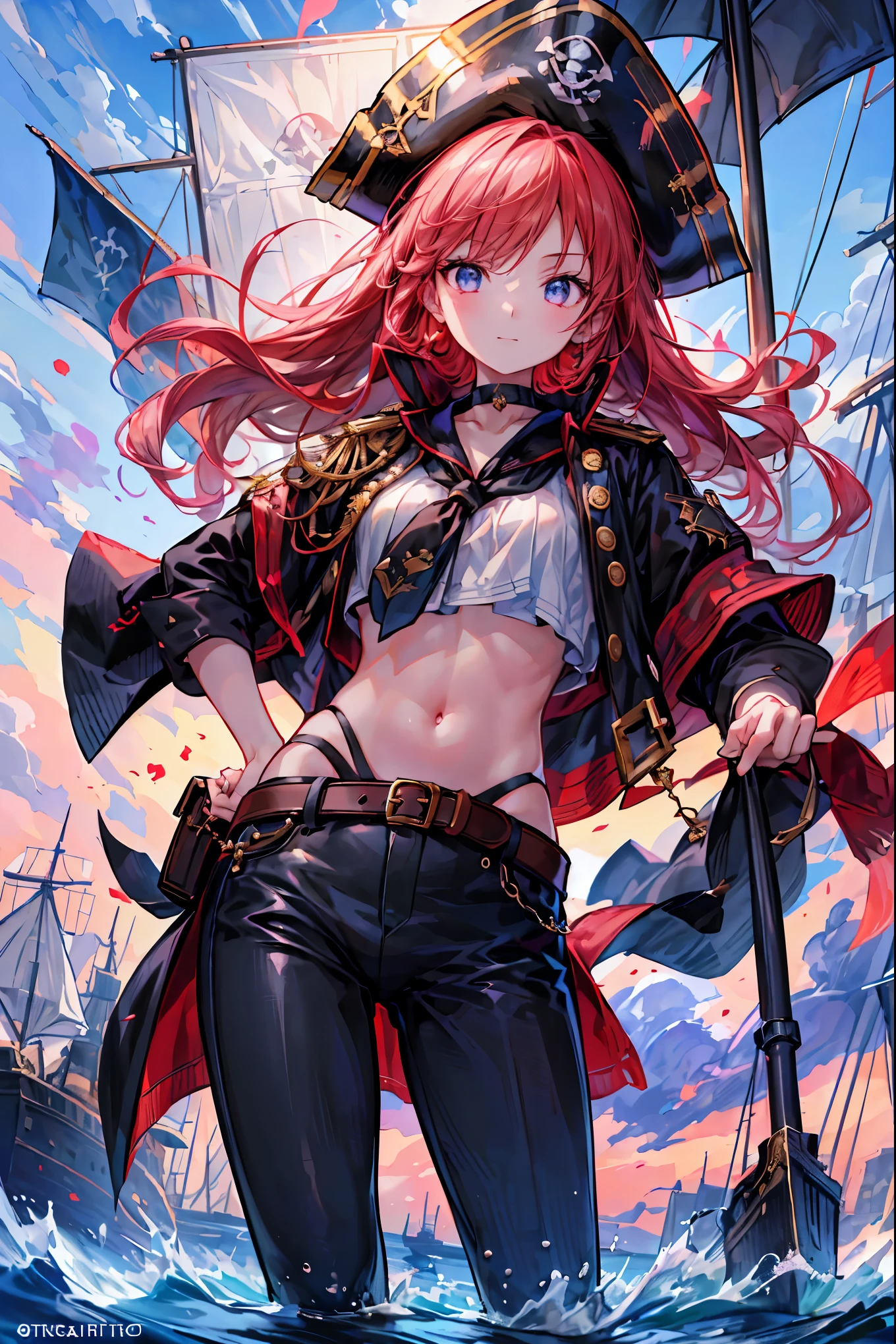Brilliant Colors,beautiful eyes,A delicate smile,Textured Skin,masterpiece,Kilo,Highest Quality,gentle and beautiful woman,Pirate Fleet，無数のsailが旗めく，sail，The Enchanted Pirate,A powerful pirate ship,A magnificent ship's hull,A rolling ocean,A vibrant scarlet flag,A pirate captain full of adventurous spirit,night，Break (masterpiece:1.2), 最High Quality, high resolution, Unity 8k Wallpaper, (shape:0.8), (Beautiful attention to detail:1.6),  Highly detailed faces, perfect lighting, very detailed CG, (perfect hands, perfect anatomy),St. Elmo's Fire，meteor、空から降り注ぐmeteor、無数のmeteor群，The Ship Wrapped in the Hand of Fire，A gaze with thick eyelashes,A look like a noble thief,The captain's solemn posture,Extreme detail,Realistic,professional,Incredibly detailed,masterpiece,4K,High Quality,ultimate reality,Dramatic Lighting,dynamic composition,Overwhelming Realism,Dark tones and highly saturated accents,A lively marine painting