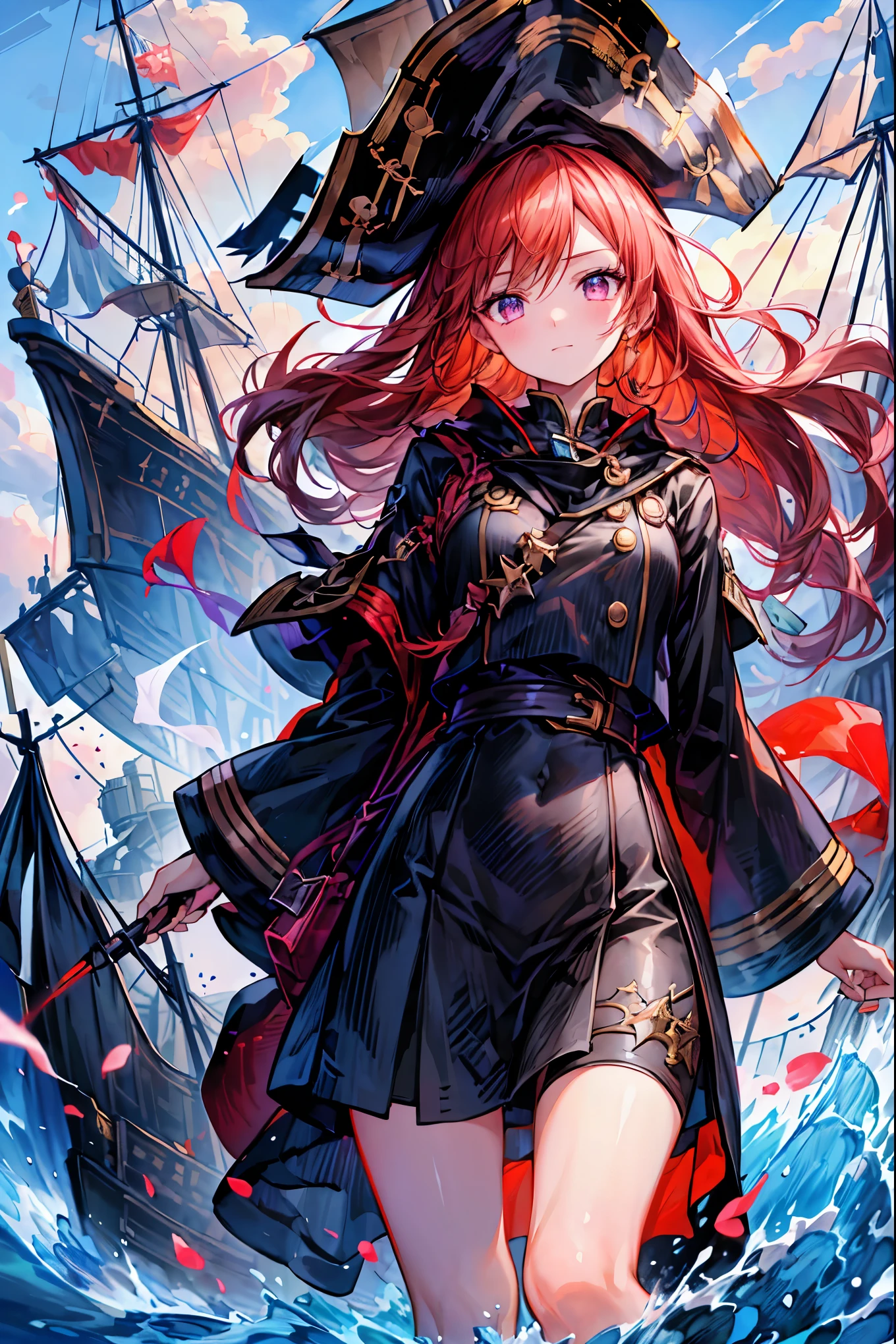 Brilliant Colors,beautiful eyes,A delicate smile,Textured Skin,masterpiece,Kilo,Highest Quality,gentle and beautiful woman,Pirate Fleet，無数のsailが旗めく，sail，The Enchanted Pirate,A powerful pirate ship,A magnificent ship's hull,A rolling ocean,A vibrant scarlet flag,A pirate captain full of adventurous spirit,night，Break (masterpiece:1.2), 最High Quality, high resolution, Unity 8k Wallpaper, (shape:0.8), (Beautiful attention to detail:1.6),  Highly detailed faces, perfect lighting, very detailed CG, (perfect hands, perfect anatomy),St. Elmo's Fire，meteor、空から降り注ぐmeteor、無数のmeteor群，The Ship Wrapped in the Hand of Fire，A gaze with thick eyelashes,A look like a noble thief,The captain's solemn posture,Extreme detail,Realistic,professional,Incredibly detailed,masterpiece,4K,High Quality,ultimate reality,Dramatic Lighting,dynamic composition,Overwhelming Realism,Dark tones and highly saturated accents,A lively marine painting