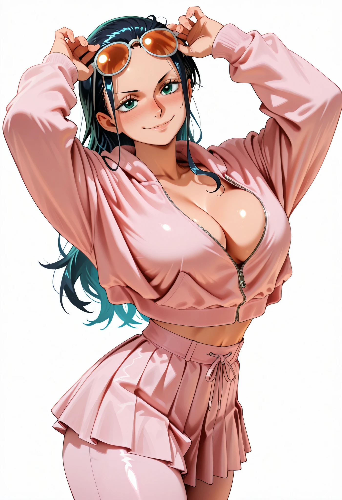 score_9, score_8_up, score_7_up, source_anime,masterpiece,best quality,highres,,official art,official style,source_anime,anime screencap,,large breasts,shiny skin, onepiece_nico_robin,green eyes, eyewear on head,partially unzipped, hair slicked back, smile, looking at viewer, nose blush, shiny legs, shiny body, shiny hair, clear skin, clear body,, thick thigh,,, thick thighs,, female,,, looking at viewer,,,,,, LARGE BREASTS,, standing,, STANDING UPRIGHT, COWBOY SHOT, SOLO, looking at viewer, shiny skin, shiny hair, shiny body, clear body, nose blush, BREAST FOCUS, POSING, CLEAVAGE, DYNAMIC POSE, NICE LEGS, COWBOY SHOT, cowboy shot, NOSE BLUSH,. , white background, dynamic pose,, opaque clothes, ,,, white background, dynamic pose, SOLO, , COWBOY SHOT, nice legs, POSING, pink hoodie, pants under skirt, pink skirt, pink pants
