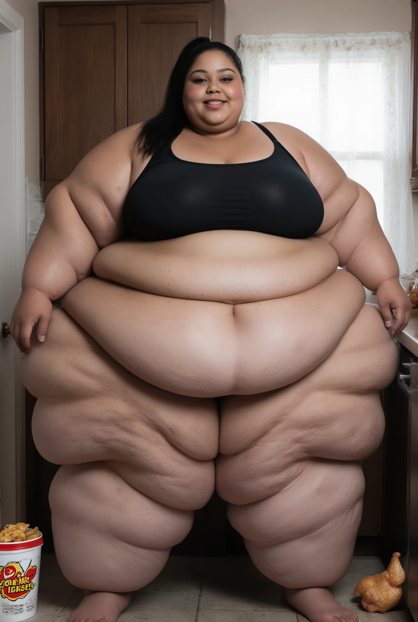 A highly detailed photorealistic photo of the most extremely fat, massively oversized woman imaginable standing in a full body shot. She is an ultra-morbidly obese, hyper super super sized SSBBW, weighing over 1000 pounds with countless massive rolls of fat cascading down her body, a gigantic apron belly sagging heavily over her knees, enormous hips wider than a doorway, and thunderous thighs each thicker than a tree trunk. Her entire frame is buried under layers of soft, jiggling blubber, with deep creases and folds everywhere. She is wearing a tiny black micro bikini that strains and barely covers anything, her colossal natural sagging breasts overflowing massively. Her ass is an immense, shelf-like expanse of fat protruding far behind her. She has hugely fat, pillowy arms that hang like pendulums, multiple chins, and thick neck rolls. Her face is extremely beautiful yet hugely fat and chubby, with huge plump lips, rosy cheeks, and double chins. She is a teenager with flawless, youthful features. She is an african american, black woman with dark skin, black hair in a high ponytail, and she's looking directly at the viewer with a seductive, inviting smile. She stands in her kitchen, with a fast food chicken bucket scattered on the sides, emphasizing her indulgent lifestyle. The image is ultra-photorealistic in 8K resolution, with intricate skin textures showing pores, cellulite, stretch marks, and realistic sweat glistens, global illumination casting soft natural light from a window, detailed shadows highlighting every fat fold and curve, high dynamic range for depth and realism.