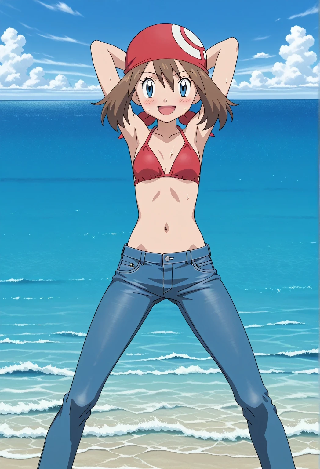 score_9, score_8_up, score_7_up, source_anime, highres, hi res, ((best quality, top quality, perfect quality, Highest Quality, amazing quality)), {{masterpiece}}, {{an extremely delicate and beautiful}}, 2d, intricate details, official style, anime, 8k, anime style, official_anime, official art, digital painting, cell shading, soft shading, high resolution, soothing tones, Subdued Color, Soft cinematic light, adobe lightroom, photolab, HDR, intricately and hyper-detailed, ((high quality animation)), 1 girl, Alone, solo, ((ocean)), tsunami, on the water, day, sunny, outdoors, sky, windy, pokemonmay, Pokemon ag, short hair, blue eyes, brown hair, bandana, red bandana, twintails, hair between eyes, ((hair in bandana:1.4)), anime screencap, small breasts, red bikini top, best quality, hyper-detailed jeans, ((blue jeans:1.9)), (dark blue jeans:0.6), full medium body, medium shot, Open mouth, smiling, happy face, blush, sweat, standing, ((arms behind head:6.0)), ((perfect arm line:2.5)), bowlegged, jumping pose, action, looking at viewer, spread legs, Bend knees slightly, straight-on front view