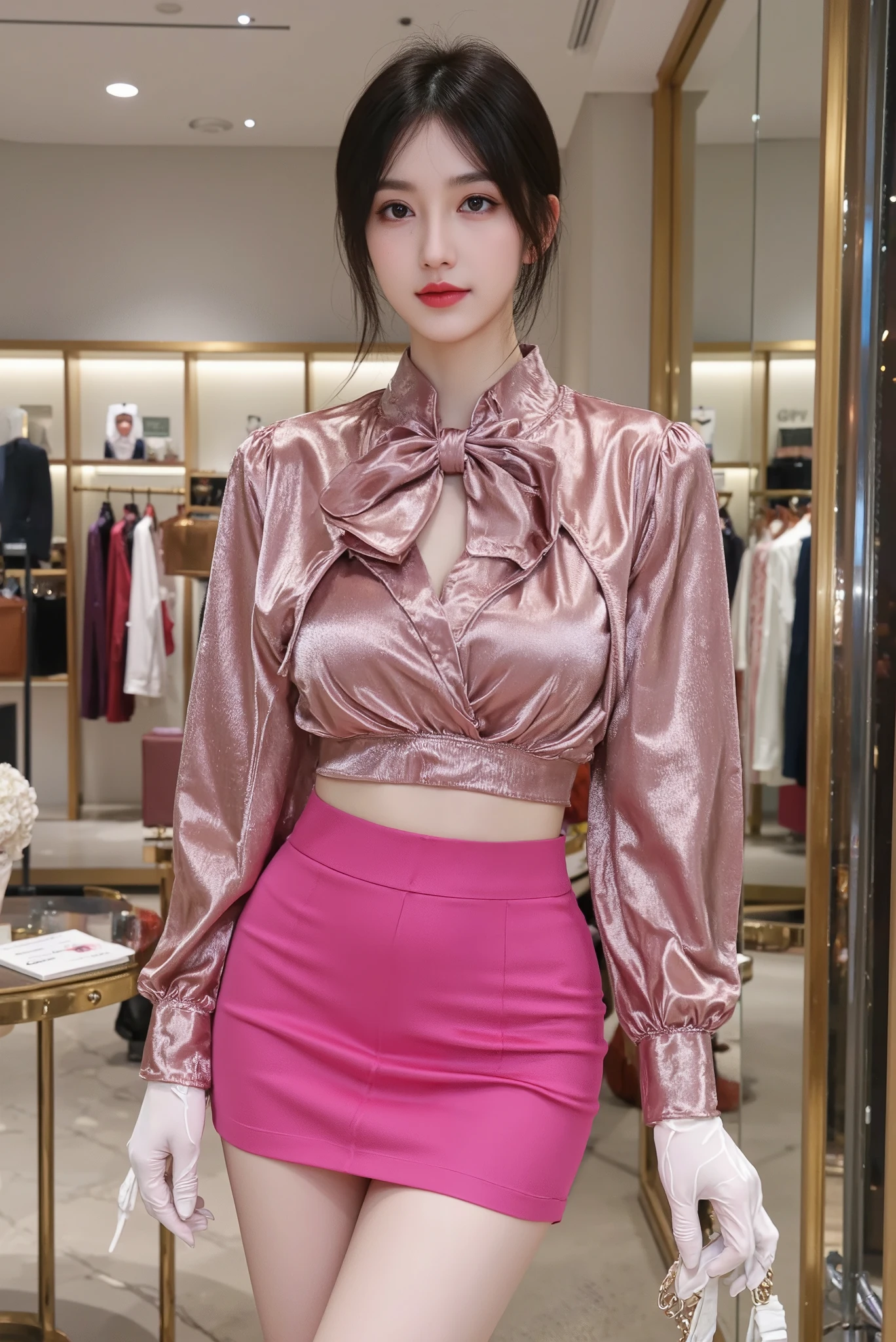  High Resolution 、 silk jacket with reflective luster、 blouse with large bow 、 micro mini skirt 、 tight skirt 、 pink、Thin type、  white gloves、 Department Stores、Silk shiny clothes 