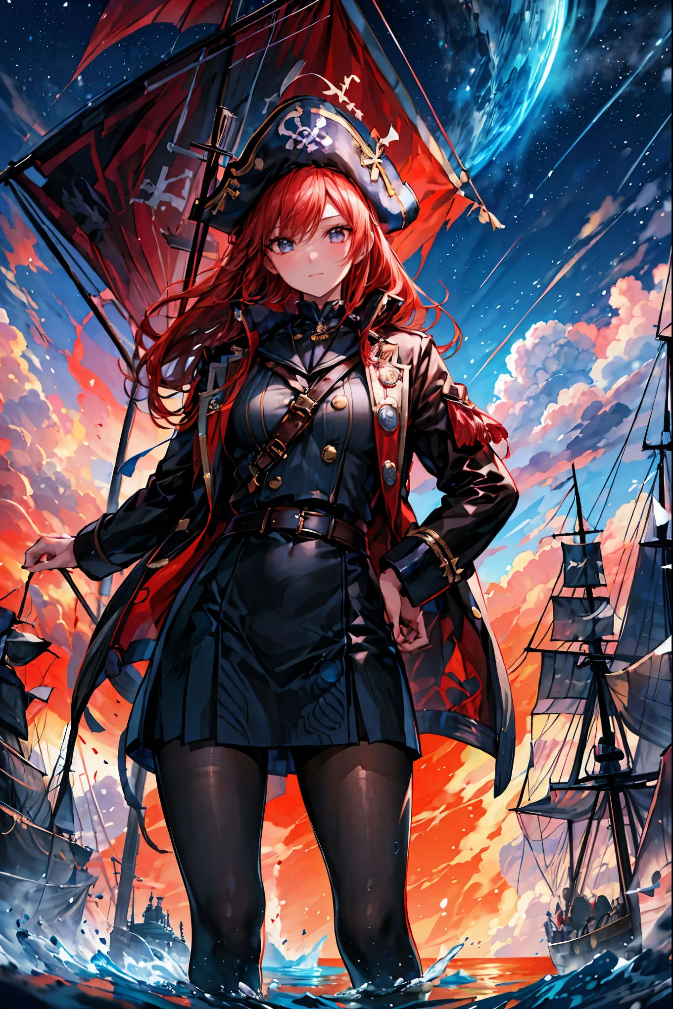 Brilliant Colors,beautiful eyes,A delicate smile,Textured Skin,masterpiece,Kilo,Highest Quality,gentle and beautiful woman,captain，Pirate Fleet，無数のsailが旗めく，sail，The Enchanted Pirate,A powerful pirate ship,A magnificent ship's hull,A rolling ocean,A vibrant scarlet flag,A pirate captain full of adventurous spirit,night，Break (masterpiece:1.2), 最High Quality, high resolution, Unity 8k Wallpaper, (shape:0.8), (Beautiful attention to detail:1.6),  Highly detailed faces, perfect lighting, very detailed CG, (perfect hands, perfect anatomy),St. Elmo's Fire，meteor、空から降り注ぐmeteor、無数のmeteor群，The Ship Wrapped in the Hand of Fire，A gaze with thick eyelashes,A look like a noble thief,The captain's solemn posture,Extreme detail,Realistic,professional,Incredibly detailed,masterpiece,4K,High Quality,ultimate reality,Dramatic Lighting,dynamic composition,Overwhelming Realism,Dark tones and highly saturated accents,A lively marine painting
