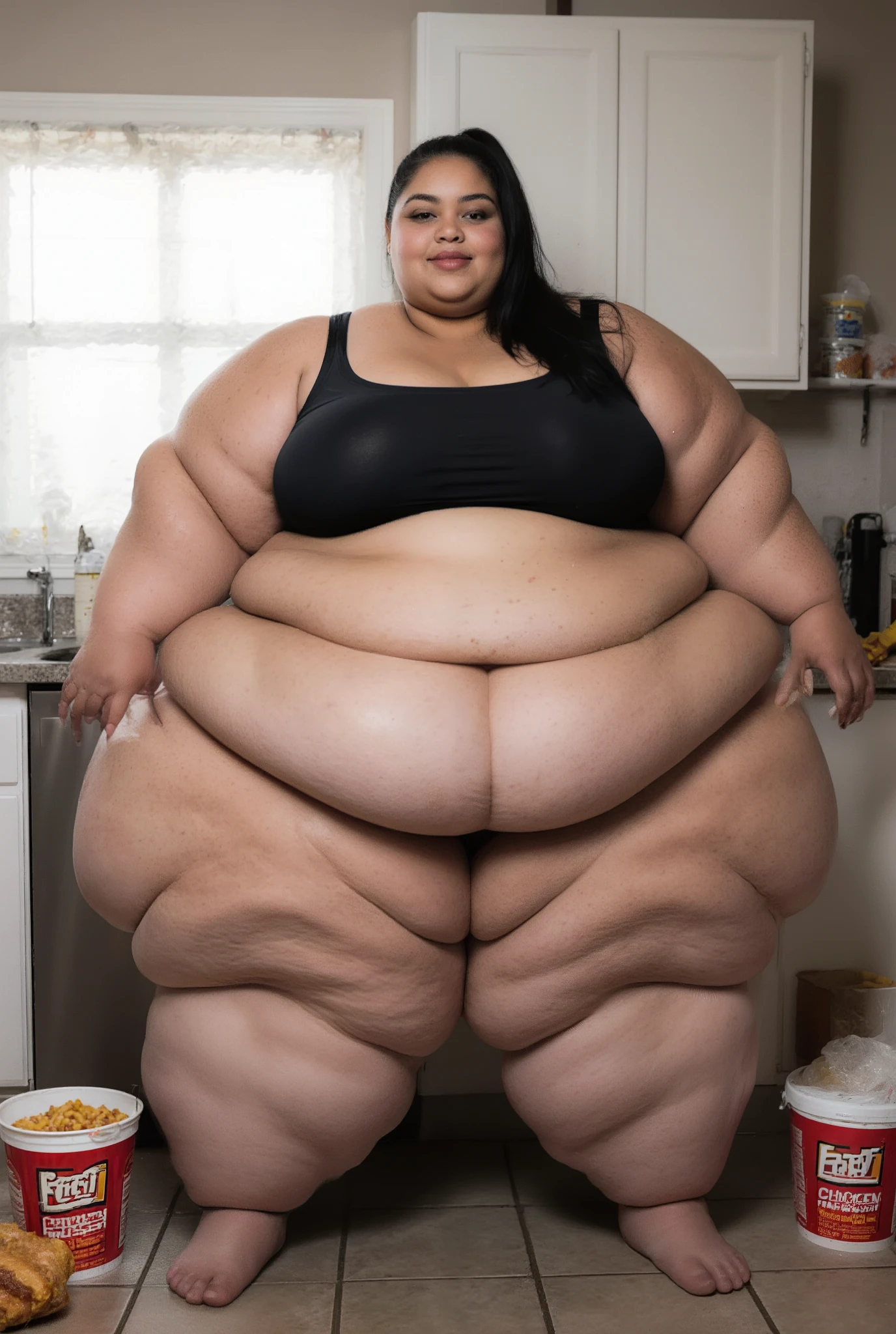 A highly detailed photorealistic photo of the most extremely fat, massively oversized, beautiful woman imaginable standing in a full body shot. She is an ultra-morbidly obese, hyper super super sized SSBBW, weighing over 1000 pounds with countless massive rolls of fat cascading down her body, a gigantic apron belly sagging heavily over her knees, enormous hips wider than a doorway, and thunderous thighs each thicker than a tree trunk. Her entire frame is buried under layers of soft, jiggling blubber, with deep creases and folds everywhere. She is wearing a tiny black micro bikini that strains and barely covers anything, her colossal natural sagging breasts overflowing massively. Her ass is an immense, shelf-like expanse of fat protruding far behind her. She has hugely fat, pillowy arms that hang like pendulums, multiple chins, and thick neck rolls. Her face is extremely beautiful, pretty and attractive yet hugely fat and chubby, with huge plump lips, rosy cheeks, and double chins. She is a teenager with flawless, youthful features. She is an african american, black woman with dark skin, black hair in a high ponytail, and she's looking directly at the viewer with a seductive, inviting smile. She stands in her kitchen, with a fast food chicken bucket scattered on the sides, emphasizing her indulgent lifestyle. The image is ultra-photorealistic in 8K resolution, with intricate skin textures showing pores, cellulite, stretch marks, and realistic sweat glistens, global illumination casting soft natural light from a window, detailed shadows highlighting every fat fold and curve, high dynamic range for depth and realism.