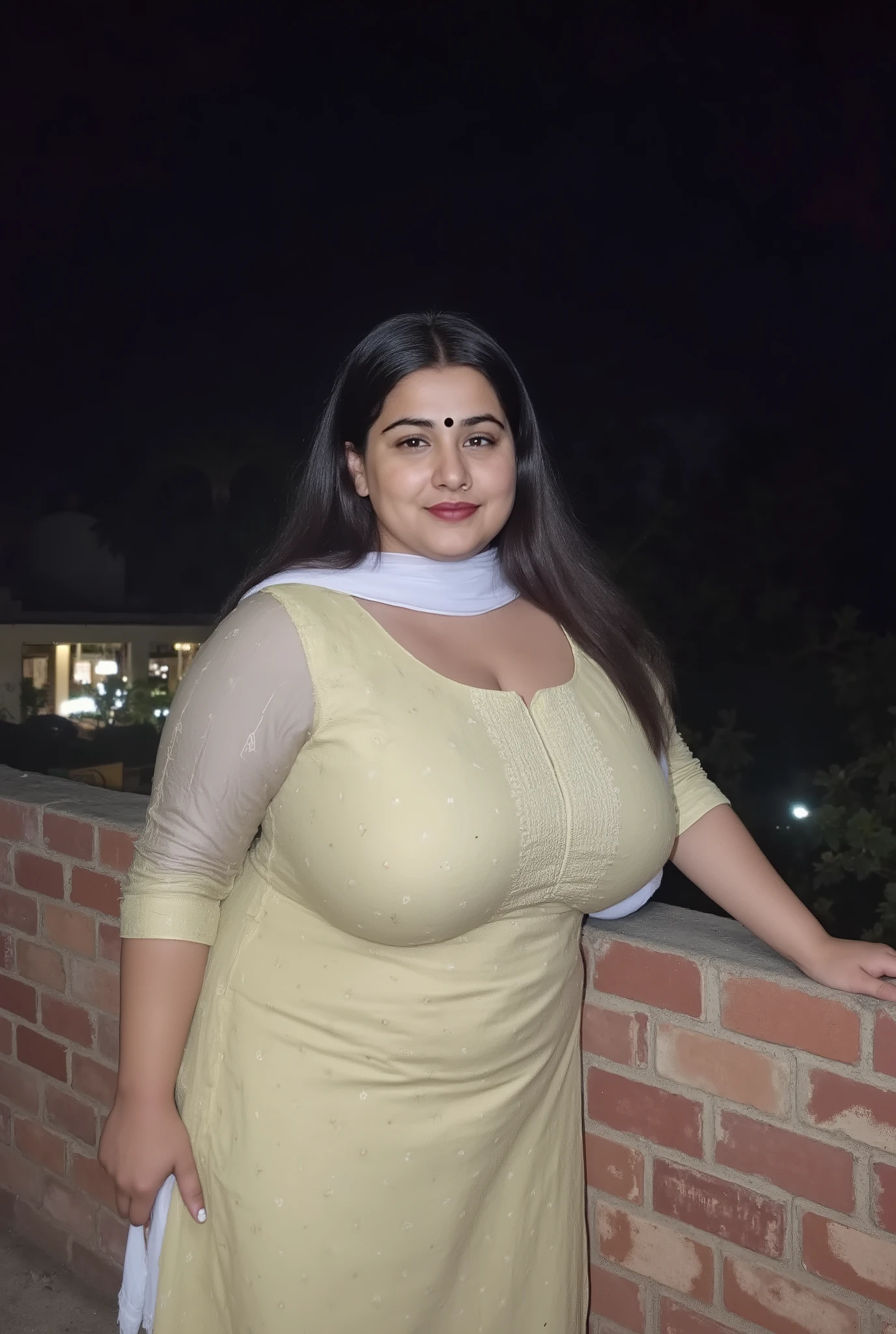 Beautiful chubby muslim Pakistani fair round face, chubby thick voluptuous body, mature housewife standing on abandoned building terace, leaning back on brick wall, wearing half sleeve kurti salwar, white sher scarf pallu, midnight darkness in background, horizon, sky, Busty, wide waist, hourglass voluptuous figure, curvy shyful eyes and a mischievous staring, horny exhibitionist, cotton fabric, matte finish fabric, highly detailed texture, detailed intricate pattern print, sunlight on black long hair ,High Resolution, Award Winning, High Details, Large breasts, Depth Of Field, Chromatic Aberration, shoot from front, huge heavy breasts, cleavage show