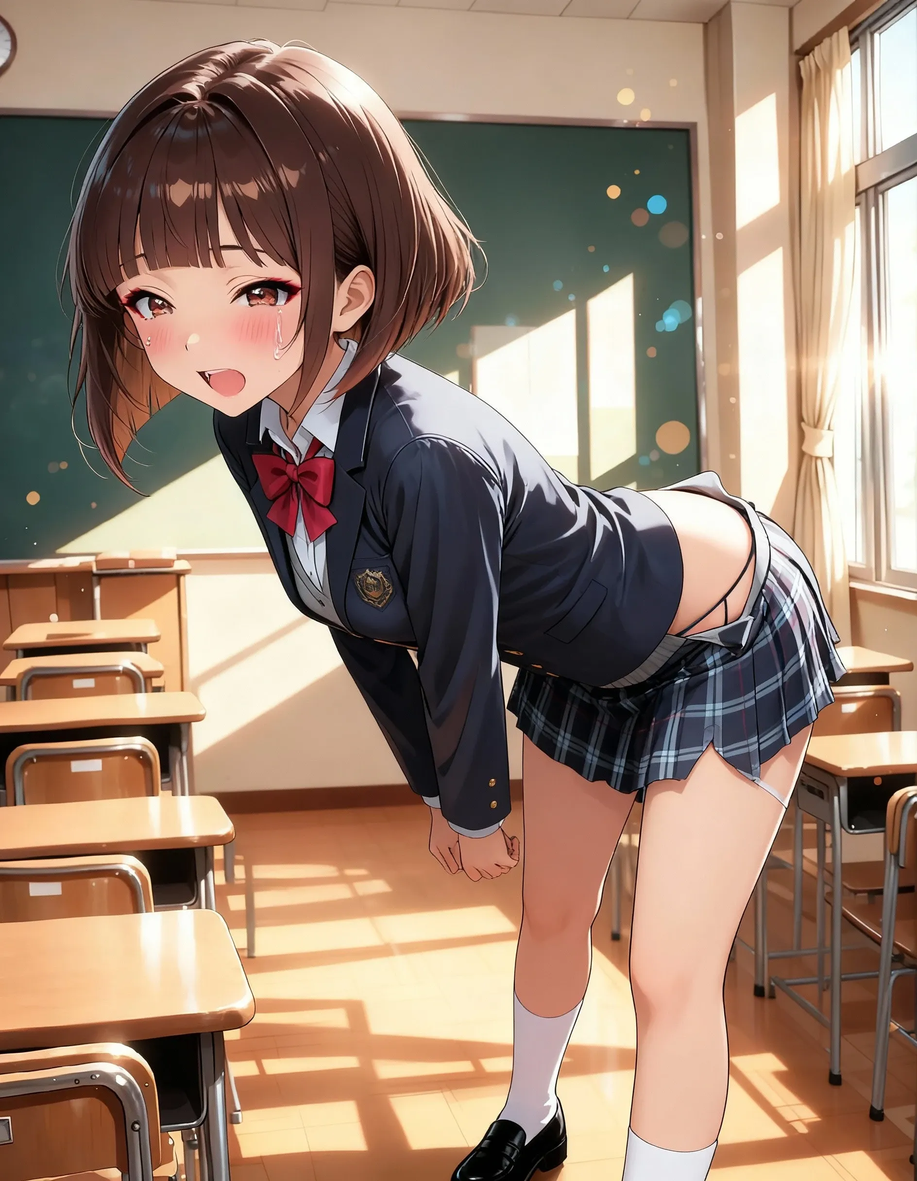 ((8Kmasterpiece,highest quality)), ultra high resolution, (masterpiece: 1.4), hyper detail, (((1 girl))),cute,perfect anatomy, beautiful face, beautiful and delicate eyes,((red eyes)),Big eyes,shining eyes of light,Thin and long eyelashes,detailed light,((brown hair)),((long hair)), ((twin tails)),Ahoge,big breasts,((very large thighs)),school uniform,hair clip,Red Hair Ribbon,plaid blitz short skirt,white knee high socks,light pink panties, Panty Pose, panty shot, ,(grinning smile),((blush)),((please open your mouth wide)),(classroom),((angle from below)),looking at the viewer,evening,Beautiful sunshine,Nice views, rainbow in the sky, particles of light, sunbeam,gust of wind,sense of speed,dutch angle,Depth of written boundary