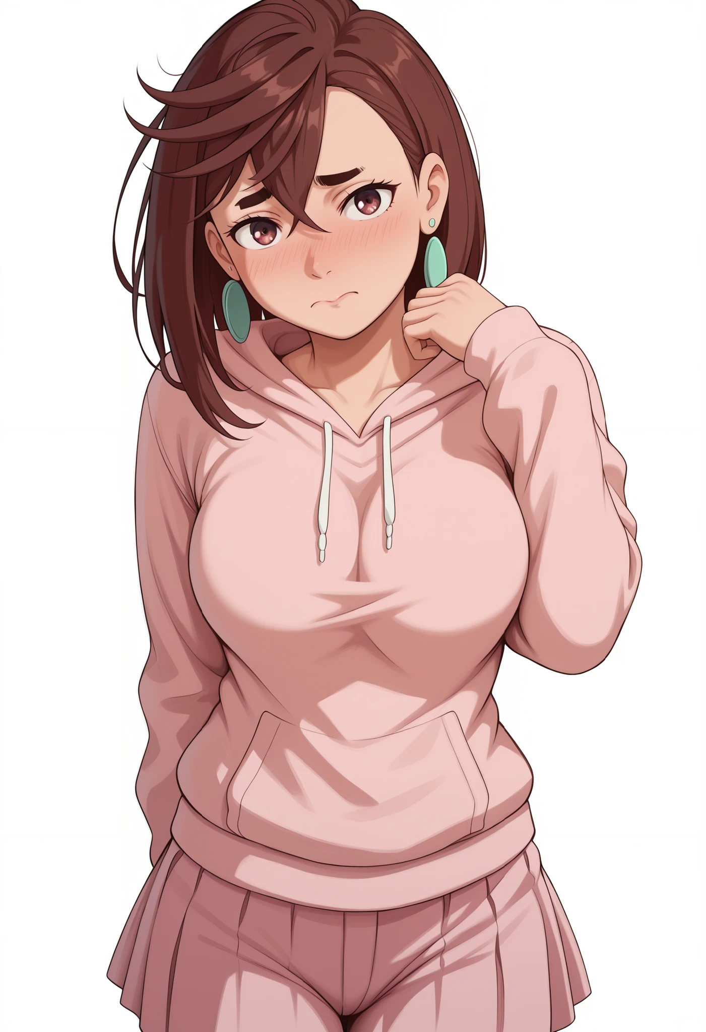 momo ayase, posing embarrassed , red face , short hair, brown hair, brown eyes, bangs, thick eyebrows, large breasts,, shy expression, blushing cheeks, detailed shading, soft shadows,white background, empty background, anime style, high detail, clean background. ,, alone, earrings, nose blush, cowboy shot, detailed background, ,looking at viewer,,, side pose, dynamic pose,pink hoodie, pants under skirt, pink skirt, pink pants