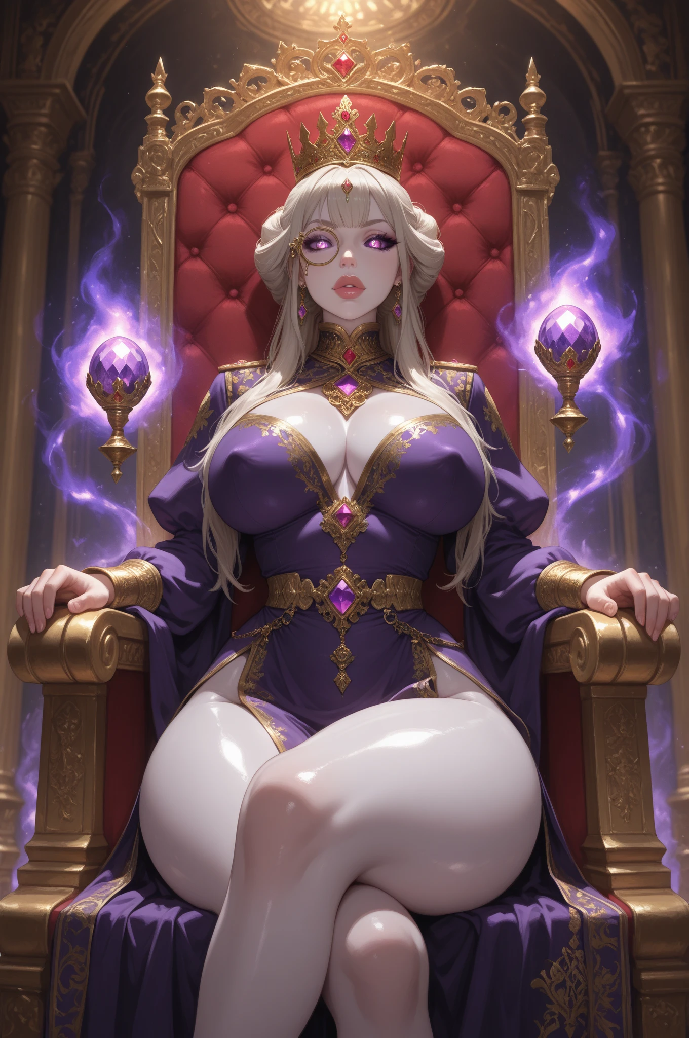 masterpiece, best quality, amazing quality, very aesthetic, absurdres, newest,
1girl, solo, a beautiful woman, silver eyes, blinded, blind, wearing a gold ceremonial armor, with a dark blue cape, calm expression, monarch, with a kind look, regal, ethereal, wise, sci-fi, dark room, indoors, darkness, dramatic lighting, large golden throne, sitting, golden intricate circlet, armrest, confident, dominant, domineering, head rest, head tilt, bodysuit, single golden pauldron, single shoulder guard, cape over one shoulder, realistic, from below, dynamic angle, realistic, <lora:Diablo_Style-IL:1> pk-diablo <lora:Sivka-IL:1> sivka, gigantic breasts, multicolored hair, grey hair, purple hair, purple eyes, purple lips
