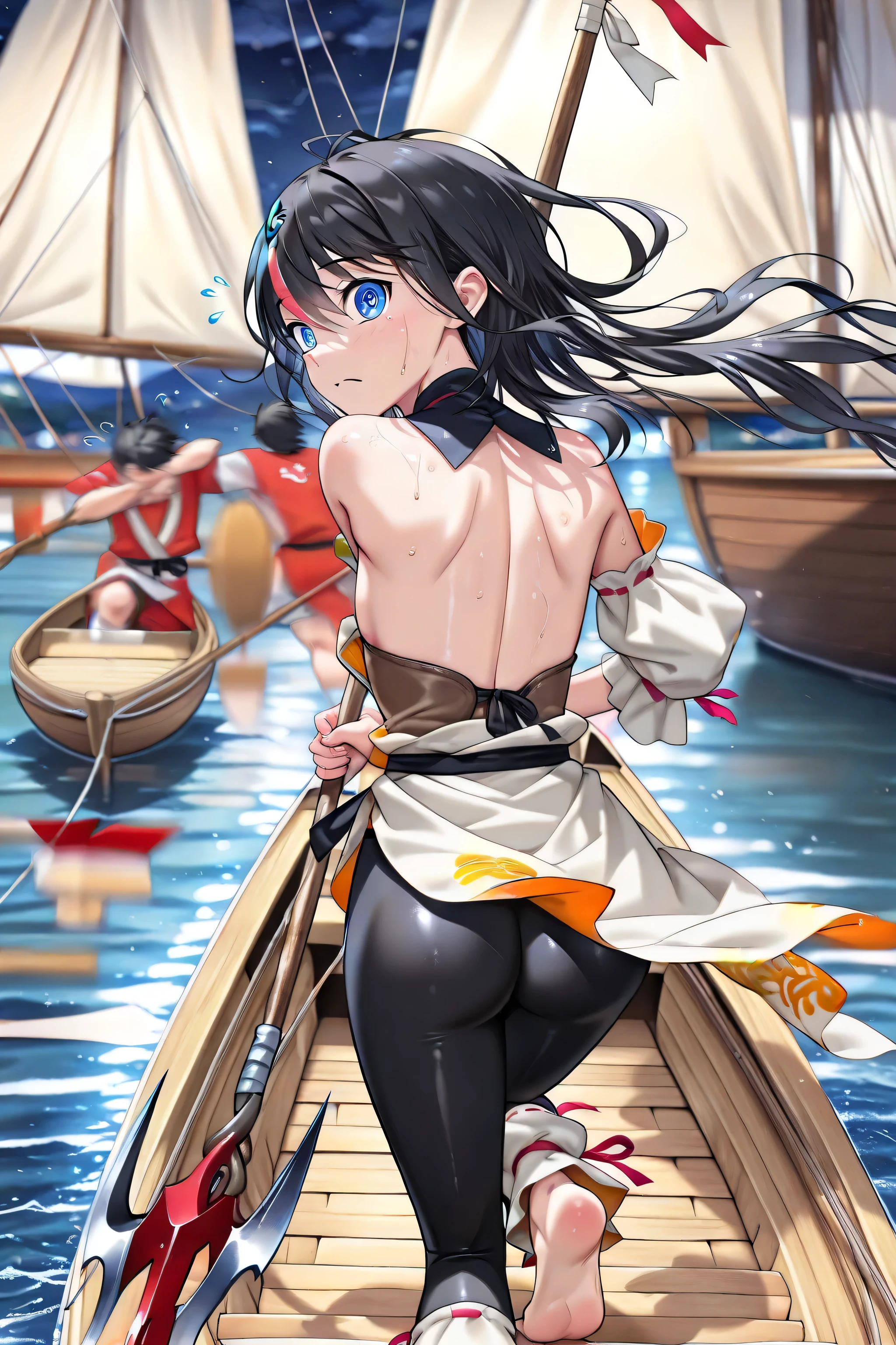 ((language: Japanese、English)、(Masterpiece), (Highest Quality), (High Score), (High Resolution),(4k),(Happening Scene),Uncensored,),
(normal image generation）、（perform careful image generation）、
(Medieval Japan、(summer)、(night)、(storm)、(Outdoors)、1girl,,solo,),
(masterpiece, best quality, very aesthetic),
(,(Scene of rowing a wooden boat),,(sea, small boat, wooden ship, sail, oar),,,(The Girl Standing on the Ship),,(Happening Scene),,(Wooden spear, grasping the spear with both hands),(Anatomically accurate structure),),

(((game cg), (Hair flowing in the wind), (hairdetailer:1.5),(extremely detailed face:1.4),(beautiful detailed eyes:1.4),[(selective blur, sharp character, slightly blurred background elements),:1.4)][(Sidelight:1.4)],))

((mature woman,(black hair, streaked hair, blue eyes, medium hair, sidelocks, jewelry, ribbon, magatama, revealing clothes,,detached sleeves,Leg warmers,barefoot,),(long cloth wrapped around the waist,long slit),(Black leggings),(White cloth headband）,(Waist pareo,white long pareo)、(Slender),(short stature),),((dumbfounded),(flustered),wide-eyed,(opened mouth),(Sweat on forehead),(flying sweatdrops),)(standing :),(bent one knee:0.4),(leg up:1.5),(twisted torso:1.2),(one hads a grasping the spear,broken spear)[looking back:],[hip forcus:],,BREAK,[cowboy shot:1.5],,BREAK,[from below and to the side:1.5],[back shot,:1.5],,BREAK,[dutch angle],,BREAK,(dance,dancing,step),),

(),
（high score）、（superlative image generation）、
(The correct number of fingers, five fingers),
(Accurate ship construction）、（Accurate spear structure）、
(one hadn a grasping the spear)
