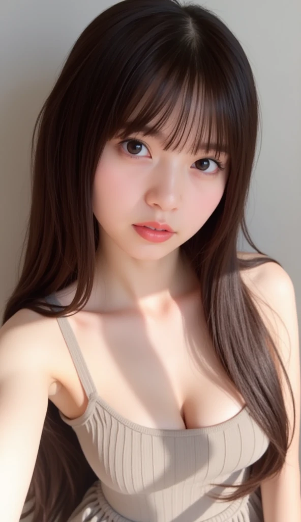 brown hair、Photographed from the front、A 21-year-old woman with brown hair and eyes looking up、solo、delicate face、long eyelashes、(brown eyes:1.3)、Tartan、Bedroom、angle from above、underwear、Sweat、open your mouth wide、