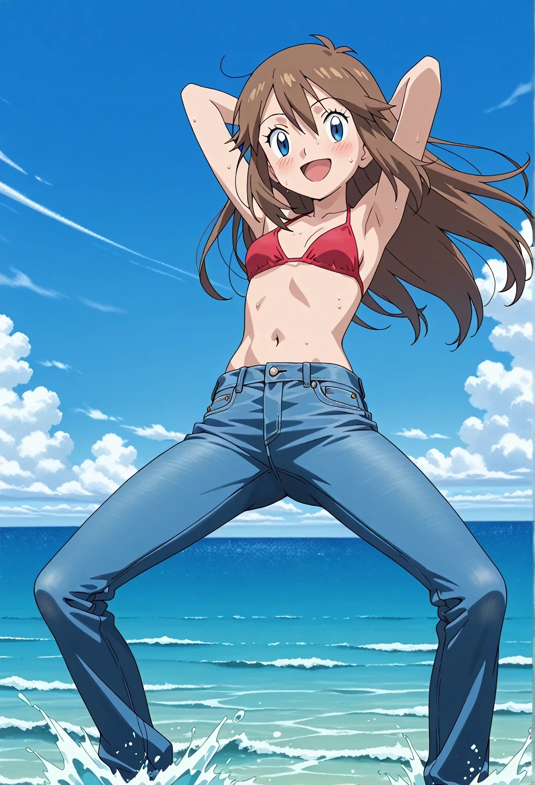 score_9, score_8_up, score_7_up, source_anime, highres, hi res, ((best quality, top quality, perfect quality, Highest Quality, amazing quality)), {{masterpiece}}, {{an extremely delicate and beautiful}}, 2d, intricate details, official style, anime, 8k, anime style, official_anime, official art, digital painting, cell shading, soft shading, high resolution, soothing tones, Subdued Color, Soft cinematic light, adobe lightroom, photolab, HDR, intricately and hyper-detailed, ((high quality animation)), 1 girl, Alone, solo, ((ocean)), tsunami, on the water, day, sunny, outdoors, sky, windy, pokemonmay, Pokemon ag, long hair, blue eyes, brown hair, hair between eyes, anime screencap, small breasts, red bikini top, best quality, hyper-detailed jeans, ((blue jeans:1.9)), (dark blue jeans:0.6), full medium body, medium shot, Open mouth, smiling, happy face, blush, sweat, standing, ((arms behind head:6.0)), ((perfect arm line:2.5)), bowlegged, jumping pose, action, looking at viewer, spread legs, Bend knees slightly, straight-on front view