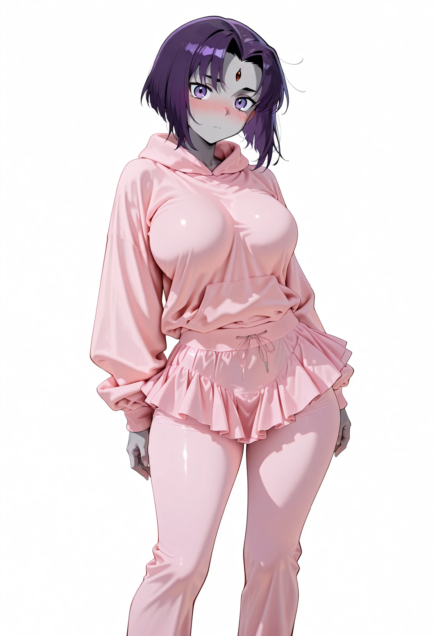 nice legs, standing, white background, simple background, large breasts,, nose blush, shiny legs, shiny body, shiny hair, clear skin, clear body, looking at viewer, standing, nice legs, posing, 1girl, Raven, purple hair, purple eyes, grey skin, forehead jewel, SOLO, solo female, GREY SKIN, grey skin,, simple background, white background,pink hoodie, pants under skirt, pink skirt, pink pants