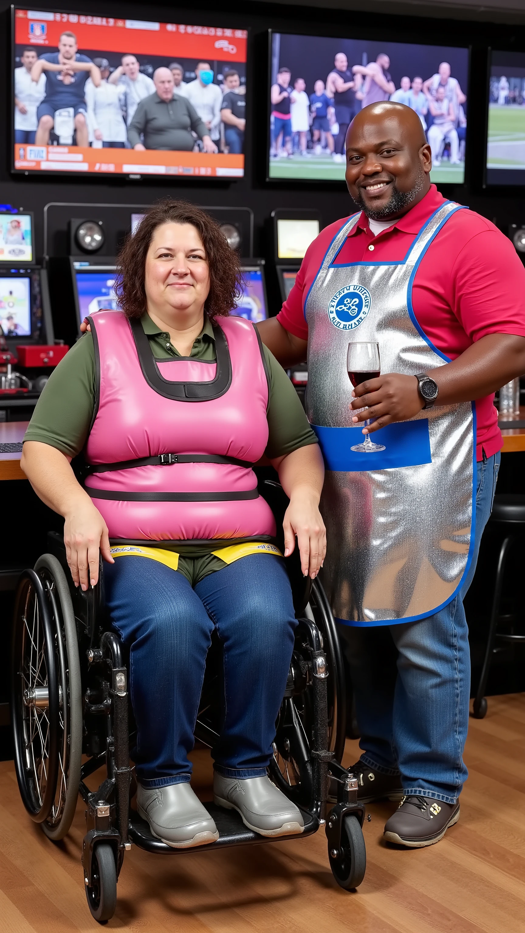 A 54 year old 500 pound woman with thick arms a cute large face and big belly, wears a pink thick neoprene padded wheelchair harness, with black nylon straps, wearing a blue wheelchair hip belt, wearing a green rubber latex jacket, wearing a pink latex shirt, wearing blue latex jeans with yellow pockets, wearing silver boots, in a casino by a bar with large screen TVs above the bar playing various sporting events, a bartender that is fat 500 pound black man with shiny wet arms wears a shining silver lead apron with a large fist printed on the chest and text that reads "HEAVY HANDED" stands next to the woman holding her shoulder with a glass of wine in the other hand
