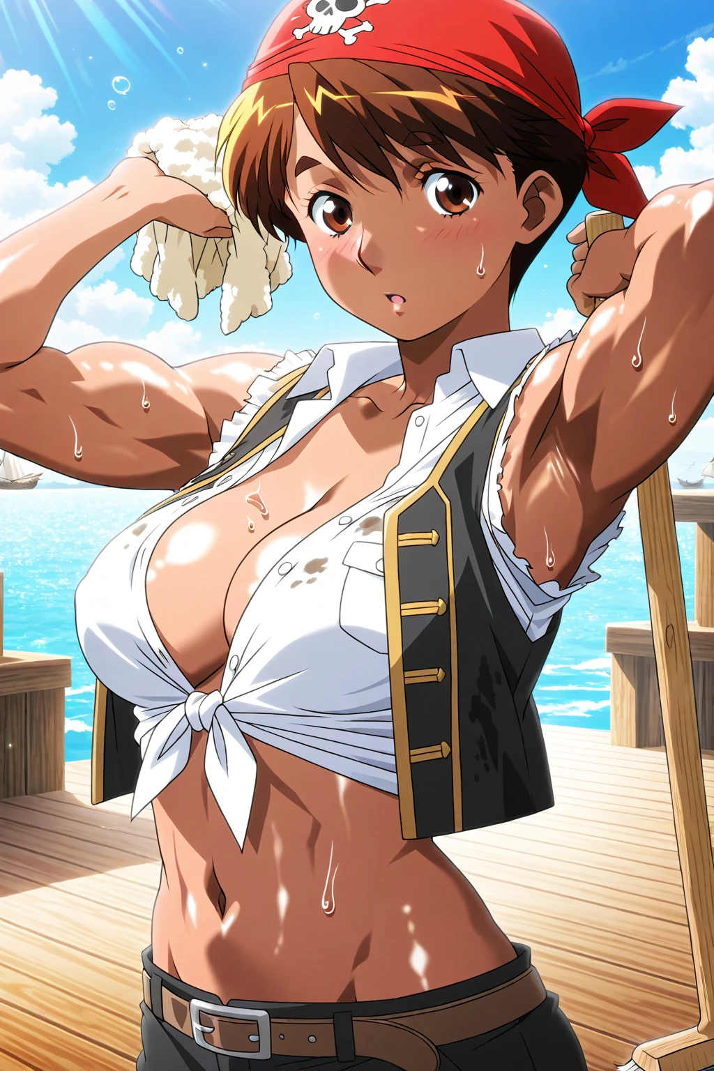 masterpiece, best quality, beautiful art, high resolution, well formed hands, body and fingers, 1 woman, solo, Hikari Hazakura, adult, grown up big breasted, cleavage, full body, , wearing a Mata Hari outfit, sexy and skimpy arabian belly dancer outfit, sexy arabian belly dancer, hair ribbon, gorgeous legs and thighs,  she is fighting in a combat match at a martial arts tournament, she is getting ready to fight, making her guard pose, action and fighting scene, about to hit the viewer, looking at the viewer, sweating , feeling confident and proud, smiling joyfully and happily, charming her opponent with her beauty, bouncing  breasts, fighting scene, martial arts tournament on the beach 