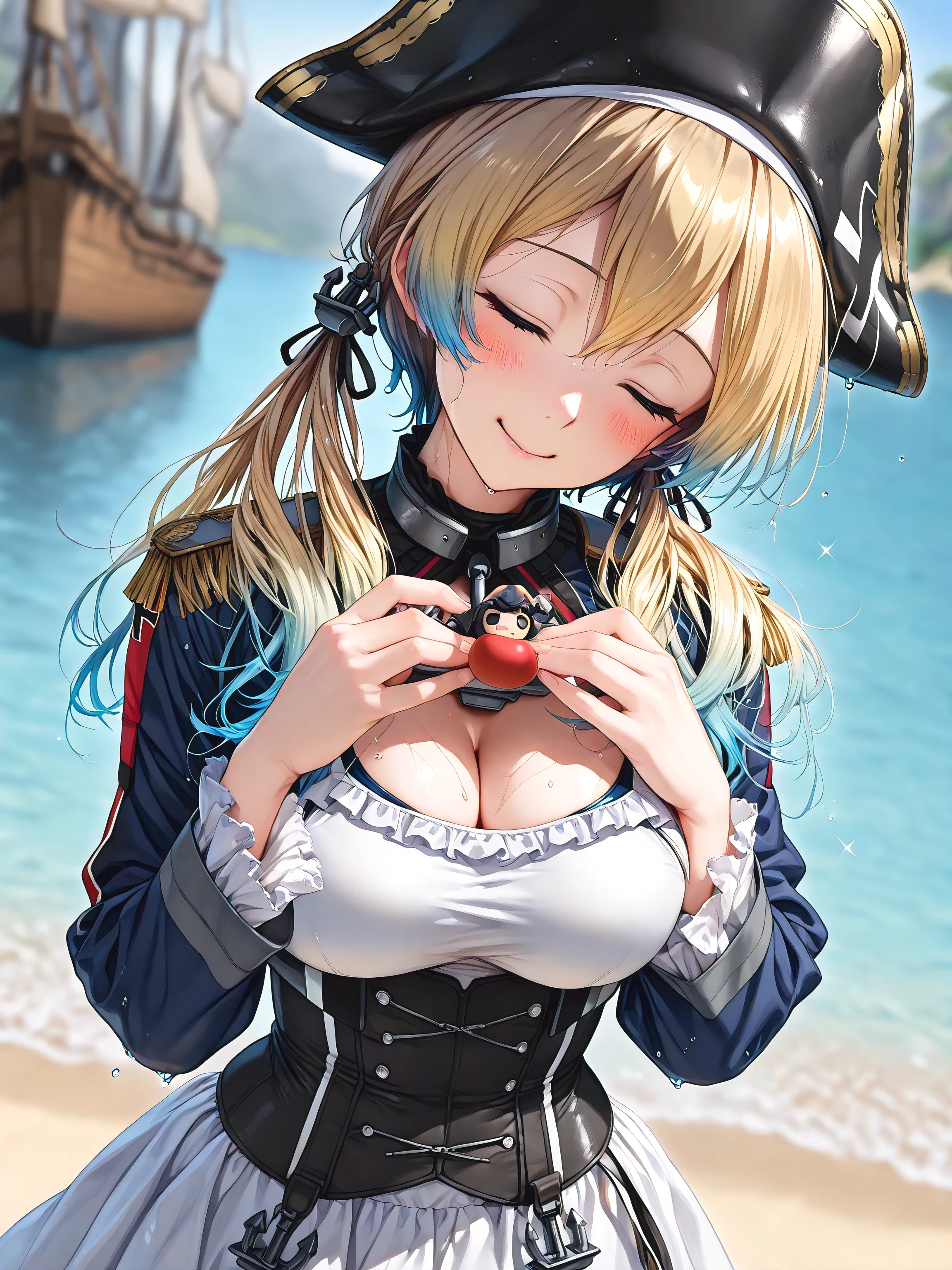 ((language: Japanese、English)、(Masterpiece), (Highest Quality), (High Score), (High Resolution),(4k),Uncensored,),

(Medieval(summer)、(Daytime)、(Clear skies)、(Outdoors)、(1giant girl,solo),),

(,BREAK,,(see),(The giantess plays in the Beach),(Water Play),(She is by the water's edge, her lower body submerged),,,(The giant holds a wooden toy ship in both hands), (Holding the toy ship close),(Medieval ship),,,(Anatomically accurate structure),),

(((Gentle waves),,BREAK,(game cg),(beautiful hair,Extremely delicate hair rendering,hairdetailer:1.5),(beautiful detailed face:1.4),(beautiful detailed eyes:1.4),[(selective blur, sharp character, slightly blurred background elements),:1.4)][(Glimmering:1.2)],))

((mature woman,,BREAK,pirate hat,Pirate's Coat,school swimsuit with attached skirt,(white swimsuit),Turtleneck, white skirt,(Navy blue pareo,Paleo covers the hips), [(gradient hair from blonde to Marine Blue:1.4)0.6],prinz eugen (kancolle),low twintails,anchor hair ornament,Collar, frills, cufflinks, brooch,pirate costume, pirate hat, jacket,cleavage,(Gaunt),),(black corset),((happy),close eyes,(wet),(sparkling aura),)standing on the see,(hands on own chest),(head tilt:1.2),(she looking at the ship),(she grabs a toy),(Hugging the toy)[looking away:],[ship focus:],,BREAK,[Close-up of the upper body:],[from above:1.5],[three-quarter view:1.5],[dutch angle],),

(),
（high score）、（Top image generation）、
(The correct number of fingers, five fingers),
(She is a giant),(Paleo, Paleo covers the hips),
(She is by the water's edge, her lower body submerged),
