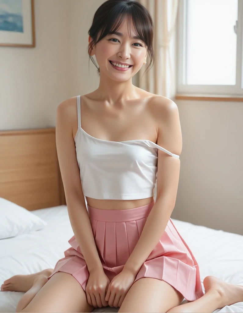 Japanese beauty, wearing a white top and purple skirt in a round neck off the shoulder style with solid colors and no patterns on her upper body. She has delicate skin, bangs hair with two ponytails, and earrings. She is sitting in front of a bed, smiling for a fullbody photo taken in natural light.