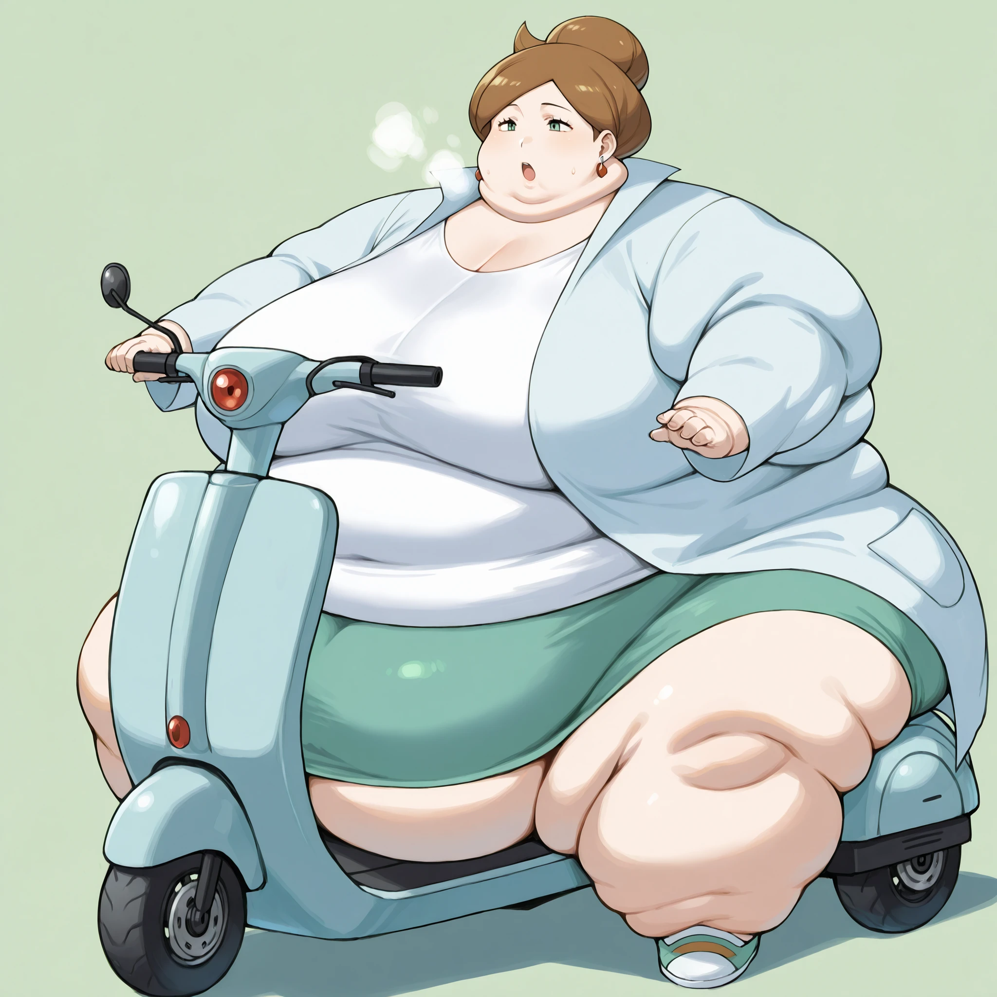 1girl, solo, c-juniper, mature female, green eyes, hair bun, brown hair, lab coat, green skirt, earings, white shirt, long sleeves, fat, chubby, obese,, big breasts open mouth, out of breath, Larger female, full body shot, sitting on a mobility scooter