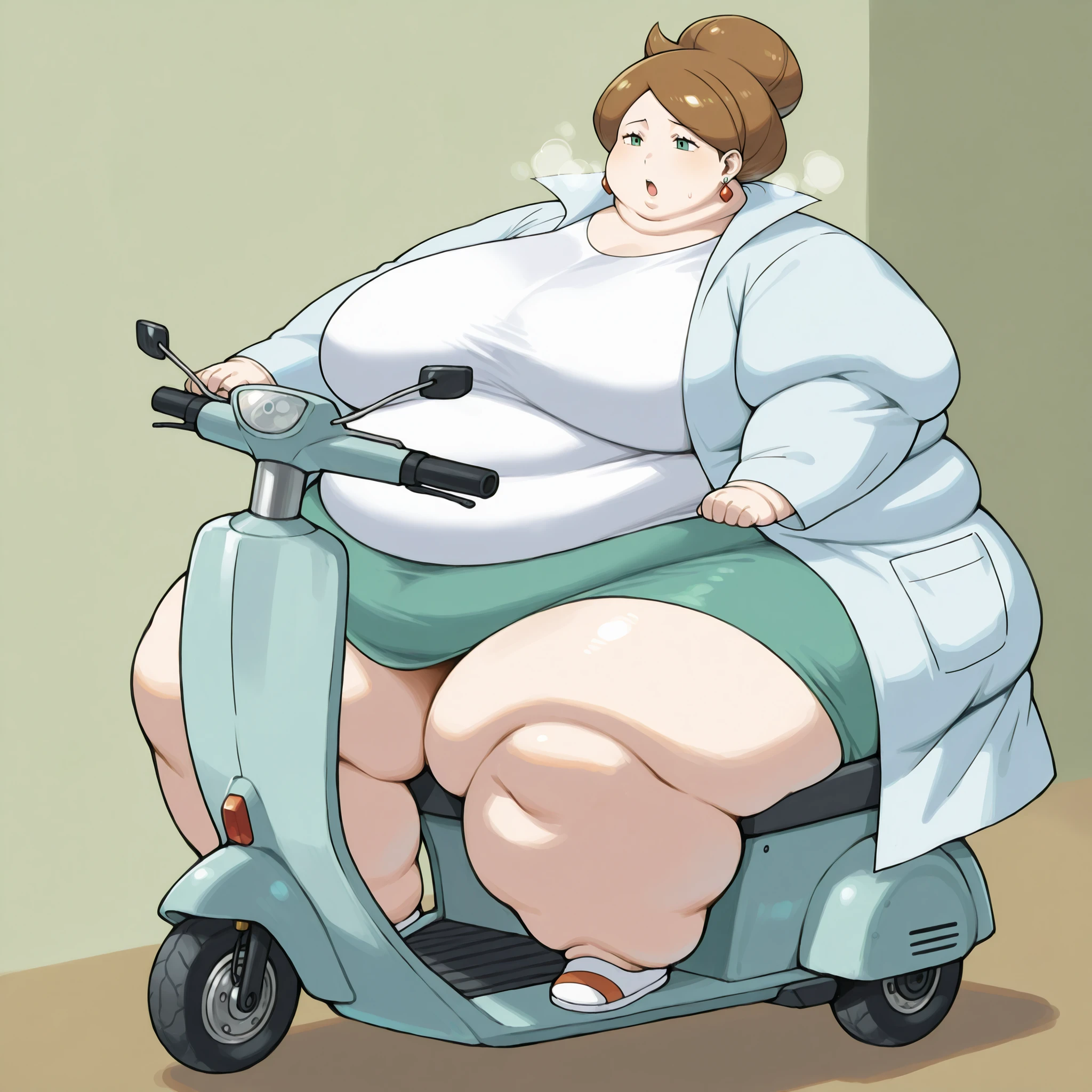 1girl, solo, c-juniper, mature female, green eyes, hair bun, brown hair, lab coat, green skirt, earings, white shirt, long sleeves, fat, chubby, obese,, big breasts open mouth, out of breath, Larger female, full body shot, sitting on a mobility scooter