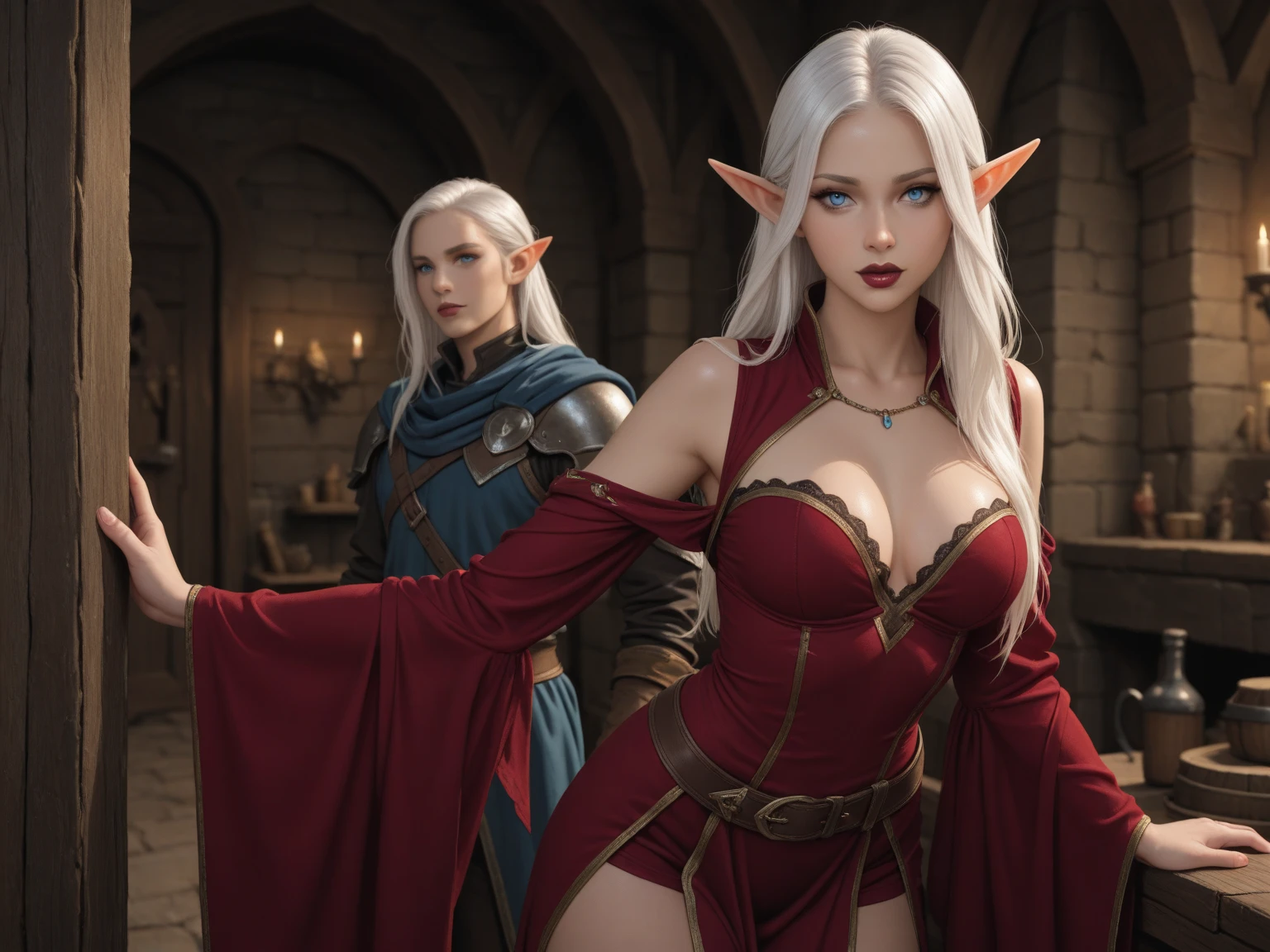 a female elf warlock in a tavern