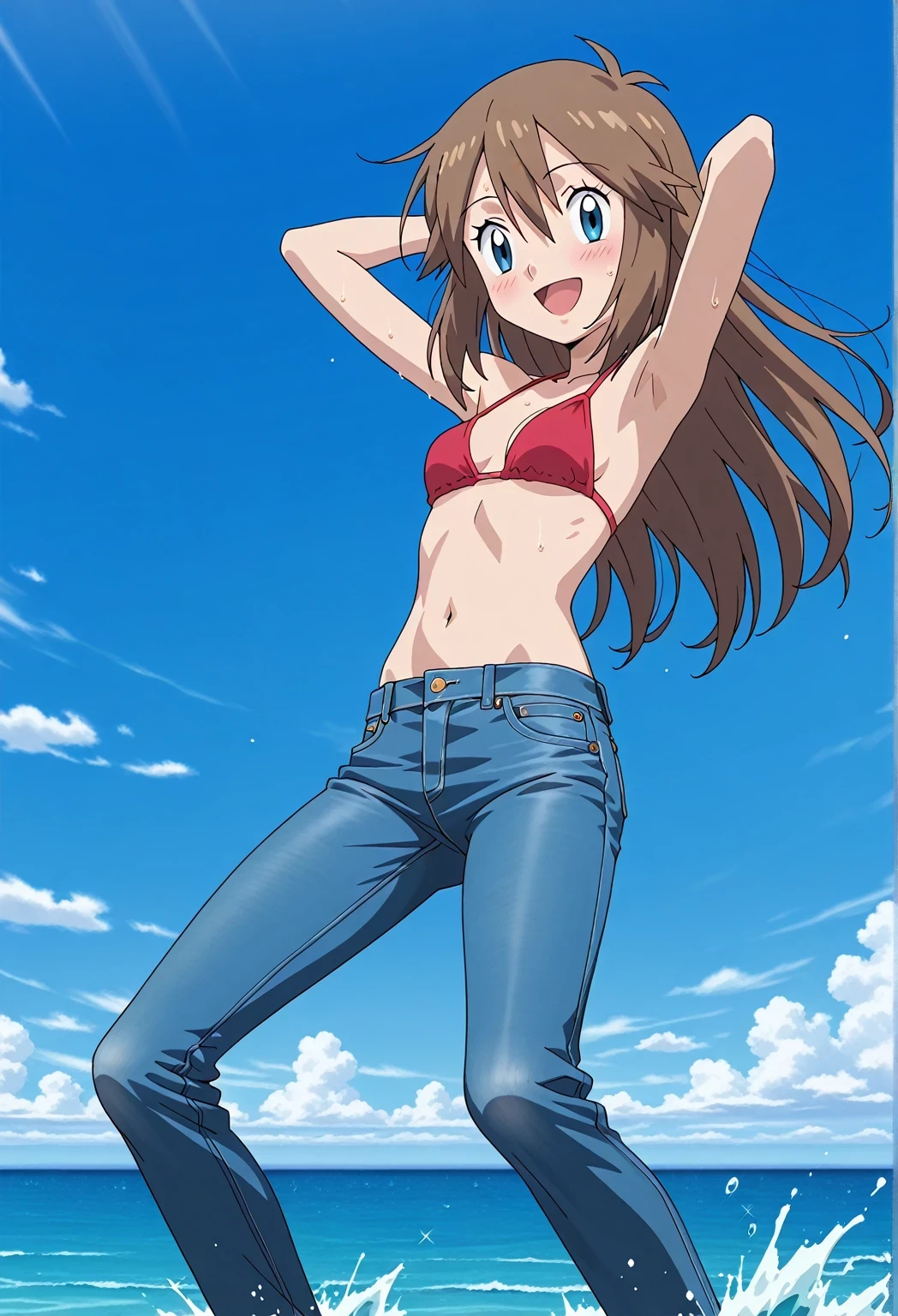 score_9, score_8_up, score_7_up, source_anime, highres, hi res, ((best quality, top quality, perfect quality, Highest Quality, amazing quality)), {{masterpiece}}, {{an extremely delicate and beautiful}}, 2d, intricate details, official style, anime, 8k, anime style, official_anime, official art, digital painting, cell shading, soft shading, high resolution, soothing tones, Subdued Color, Soft cinematic light, adobe lightroom, photolab, HDR, intricately and hyper-detailed, ((high quality animation)), 1 girl, Alone, solo, ((ocean)), tsunami, on the water, day, sunny, outdoors, sky, windy, pokemonmay, Pokemon ag, long hair, blue eyes, brown hair, hair between eyes, anime screencap, small breasts, red bikini top, best quality, hyper-detailed jeans, ((blue jeans:1.9)), (dark blue jeans:0.6), full medium body, medium shot, Open mouth, smiling, happy face, blush, sweat, standing, ((arms behind head:6.0)), ((perfect arm line:2.5)), bowlegged, jumping pose, action, looking at viewer, spread legs, Bend knees slightly, straight-on front view