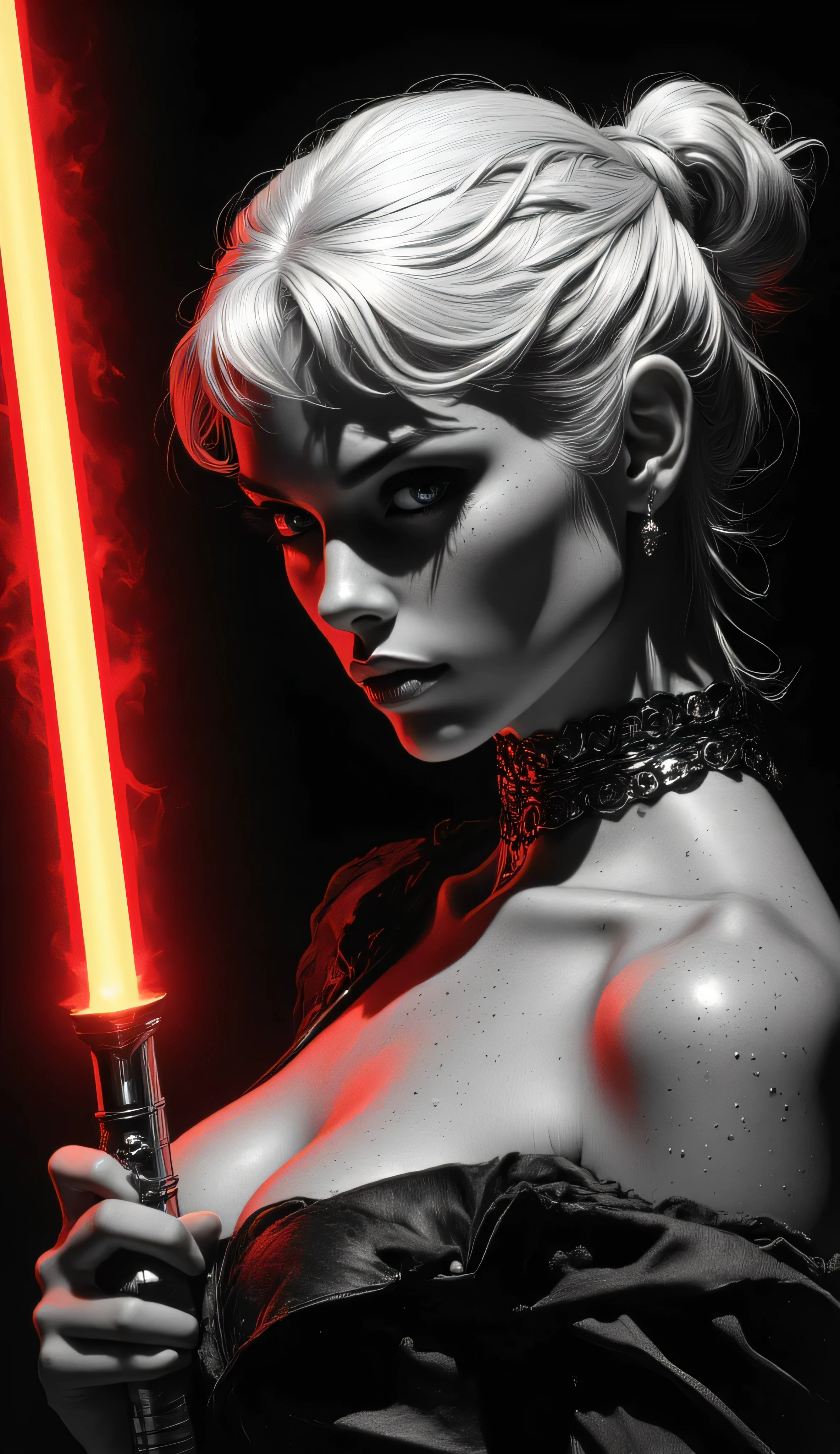 Subject/Composition: Black and white (monochrome), ultra-detailed, cinematic portrait of Una donna giovane e attraente con lunghi capelli bianchi, parzialmente ondulati o leggermente mossi, che ricadono sulle spalle. Ha un’espressione determinata e sensuale, lo sguardo intenso rivolto verso l’osservatore. Indossa un corpetto di pelle nera con dettagli in pizzo, aderente e con scollatura pronunciata. Sul collo ha un collare o choker con un piccolo pendente (ad esempio una croce o un elemento gotico).
Details: Freckled skin with beads of water/sweat. Heavy, smoky makeup, piercing eyes.
Her expression is a sly, confident smile, suggesting she is waiting for an attack. She holds a perfectly detailed, ignited red lightsaber in her flawlessly rendered hands. Chunky choker/chain necklace and a small dangling earring.
Lighting/Style: High contrast, dramatic chiaroscuro lighting. Strong single light source casting deep shadows, highlighting muscle tone and texture. Ultra-realistic detail, fine film grain, high sharpness. Tense, humid atmosphere.
Styles/Artists: Photorealism, Cinematic Lighting, Hyperdetailed, Greg Rutkowski, Artgerm, Loish, Blade Runner, Akira, Ghost in the Shell.