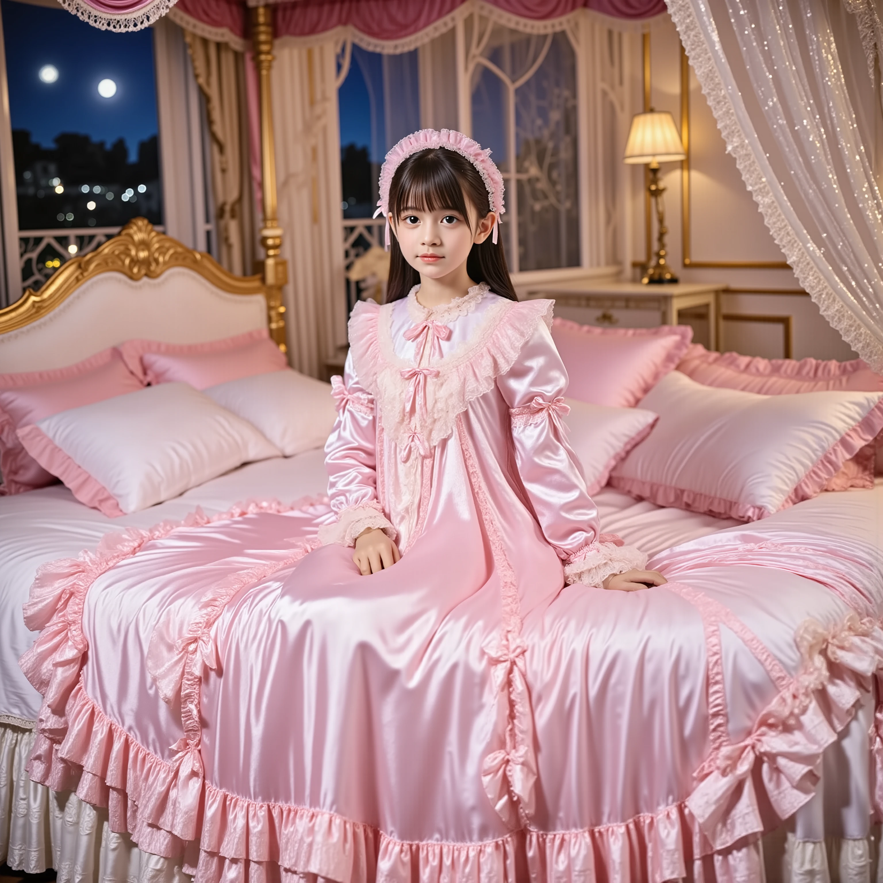 (( Distant view,full body:1.0)),Highest Quality, masterpiece, highest resolution, art work, super それにget used to it, many get used to it, get used to it, それにget used to it, 3k photos,,Three Daughters of a Noble Family, ((10 year old Japanese girl)),get used to an ultra-fine young face,,nice smile,baby-like face,short,,(((straight long hair))),,(((pastel silk satin nightgown with lots of ruffles and bows before bed,1920s style victorian nightgown:1.2))),((ruffle mob cap with ribbon)),((detailed yoke collar with ruffles and bows,detailed ruffle placket:1.0)),((long sleeve,puff sleeve with ribbon, ruffle sleeve )),((ruffle long skirt up to the ankle:1.0)),((full bodyが映っている)),(goddess),(fixed bed),Night view and moon through the window,就寝前に , white ruffle socks,behind a luxurious canopy bed,Highly Detailed Background,