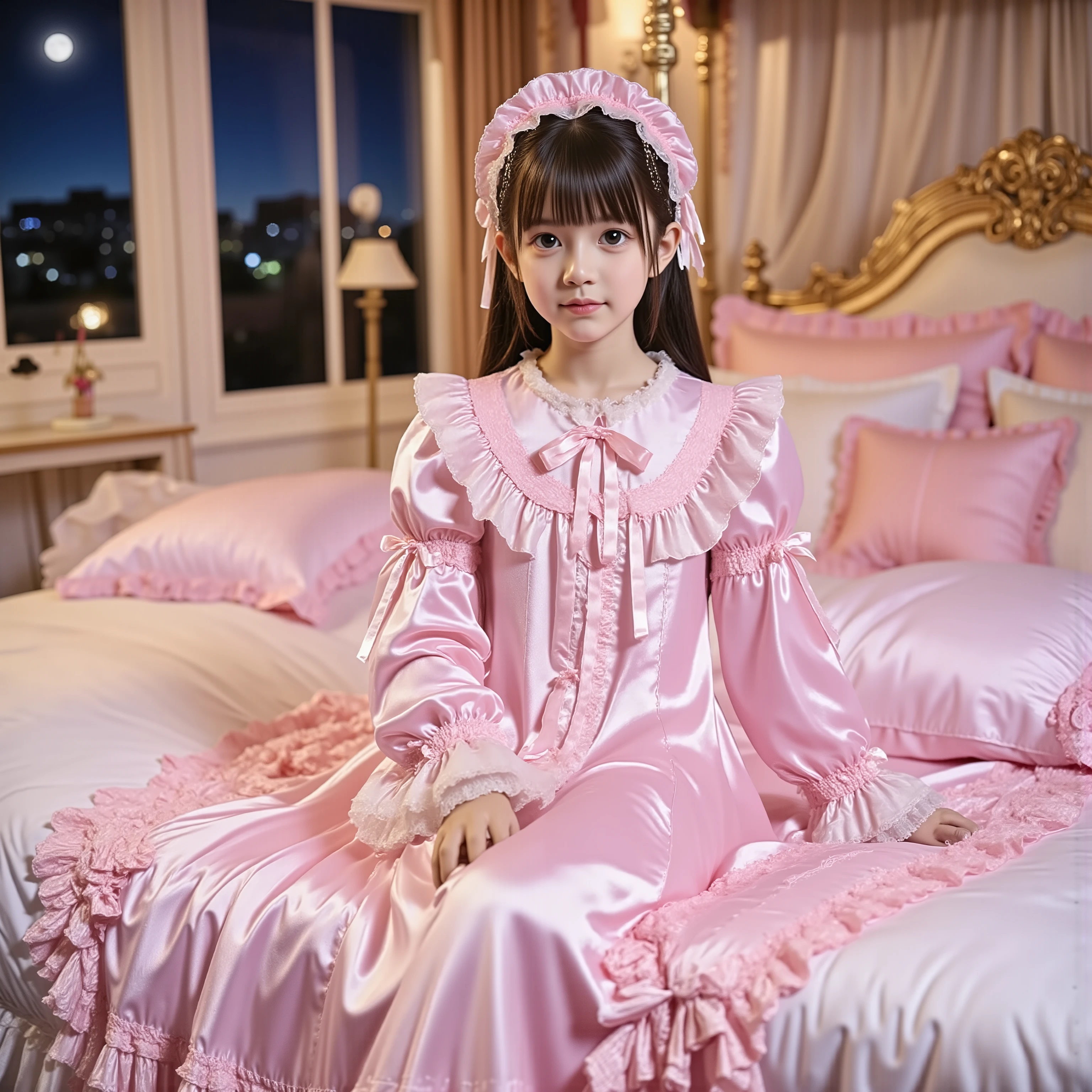 (( Distant view,full body:1.0)),Highest Quality, masterpiece, highest resolution, art work, super それにget used to it, many get used to it, get used to it, それにget used to it, 3k photos,,Three Daughters of a Noble Family, ((10 year old Japanese girl)),get used to an ultra-fine young face,,nice smile,baby-like face,short,,(((straight long hair))),,(((pastel silk satin nightgown with lots of ruffles and bows before bed,1920s style victorian nightgown:1.2))),((ruffle mob cap with ribbon)),((detailed yoke collar with ruffles and bows,detailed ruffle placket:1.0)),((long sleeve,puff sleeve with ribbon, ruffle sleeve )),((ruffle long skirt up to the ankle:1.0)),((full bodyが映っている)),(goddess),(fixed bed),Night view and moon through the window,就寝前に , white ruffle socks,behind a luxurious canopy bed,Highly Detailed Background,