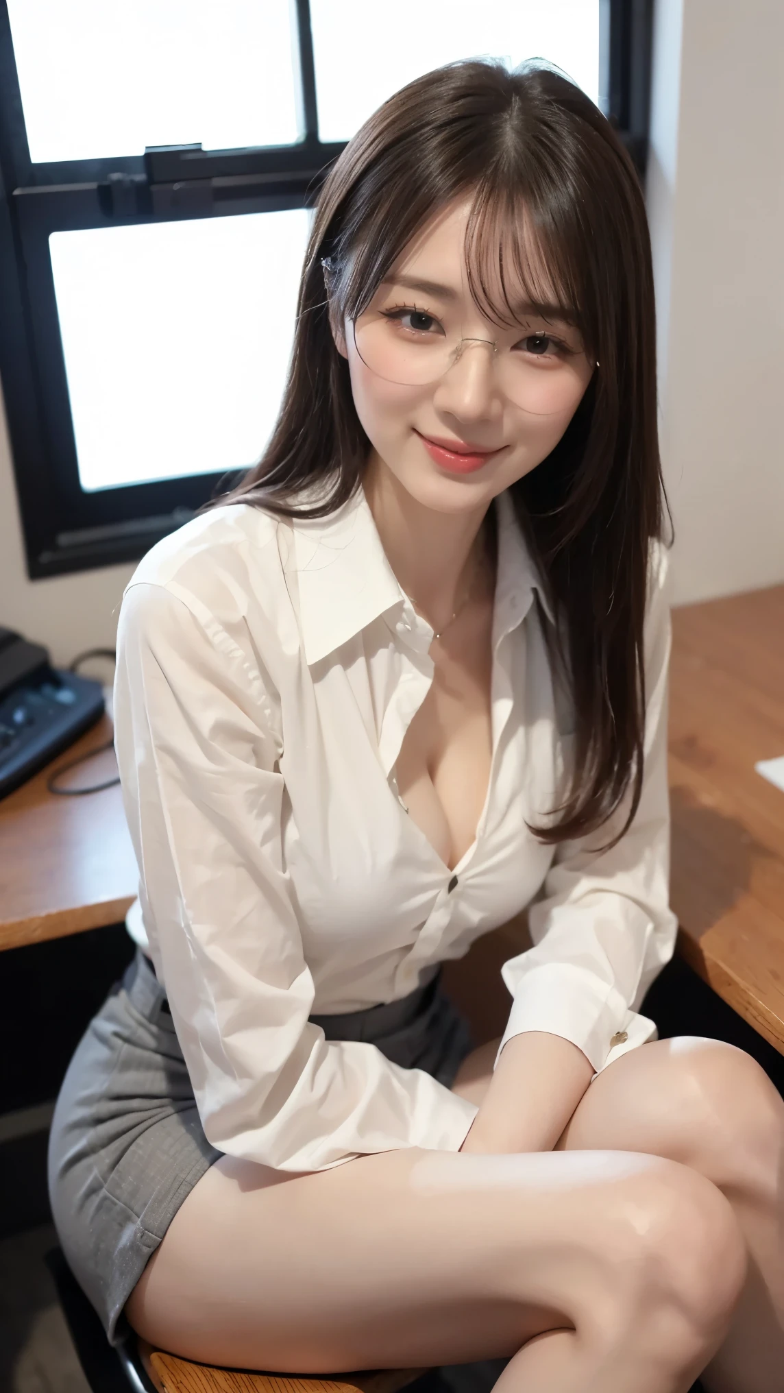 (very realistic photograph), full body shot, 1girl, solo, (A young Japanese girl is sitting on a chair in front of a desk., She is smiling at viewer seductively., She is wearing glasses.:1.3), Petite, slim face, very long black hair, (big breasts, beautiful breasts:1.2), (cleavage:1.3), (open your mouth:1.3), (slanted eyes, very small eyes, big round nose:1.3),white button-up collared shirt, grey tight mini skirt, beige stockings,