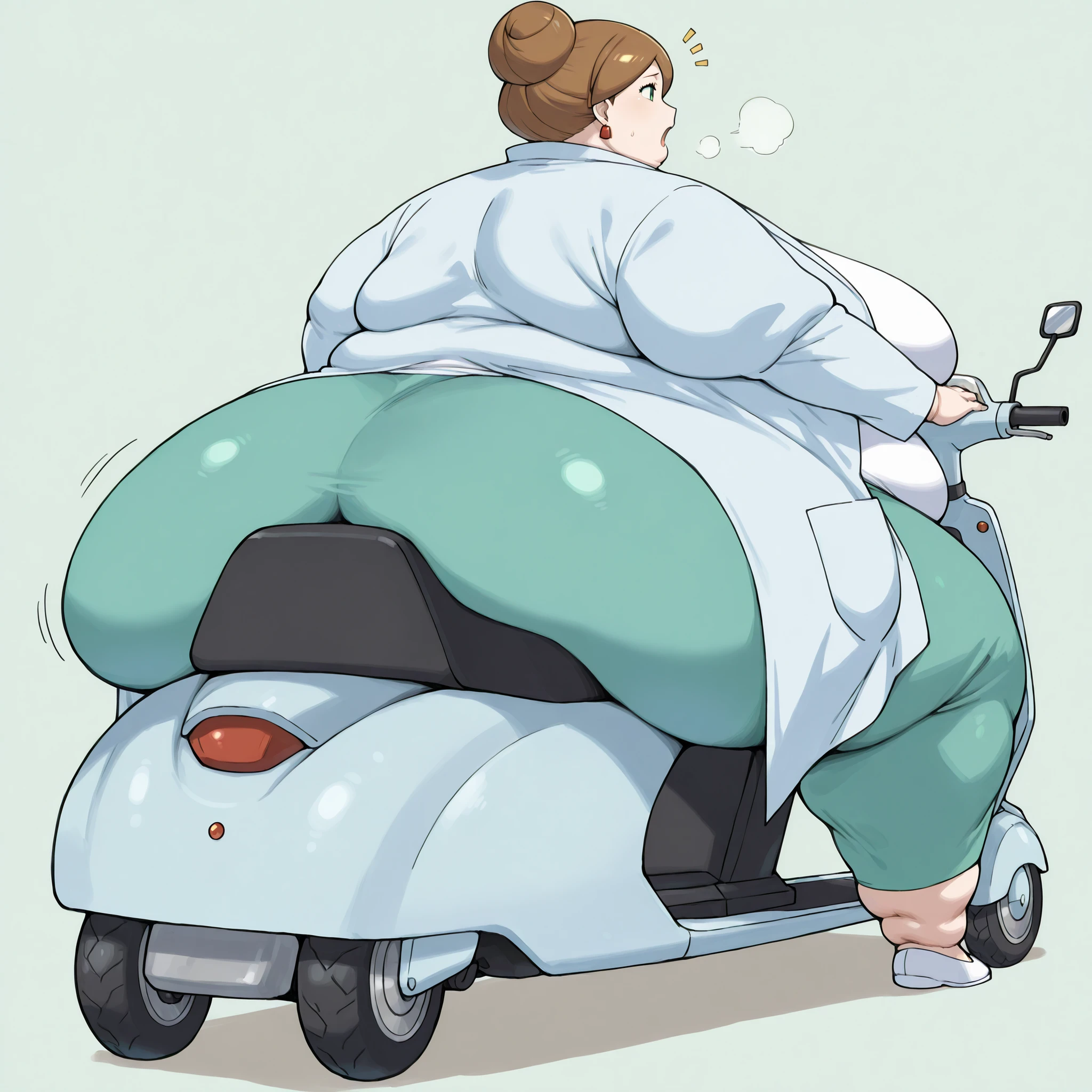 1girl, solo, c-juniper, mature female, green eyes, hair bun, brown hair, lab coat, green skirt, earings, white shirt, long sleeves, fat, chubby, obese,, big breasts open mouth, out of breath, Larger female, full body shot, sitting on a mobility scooter, back view