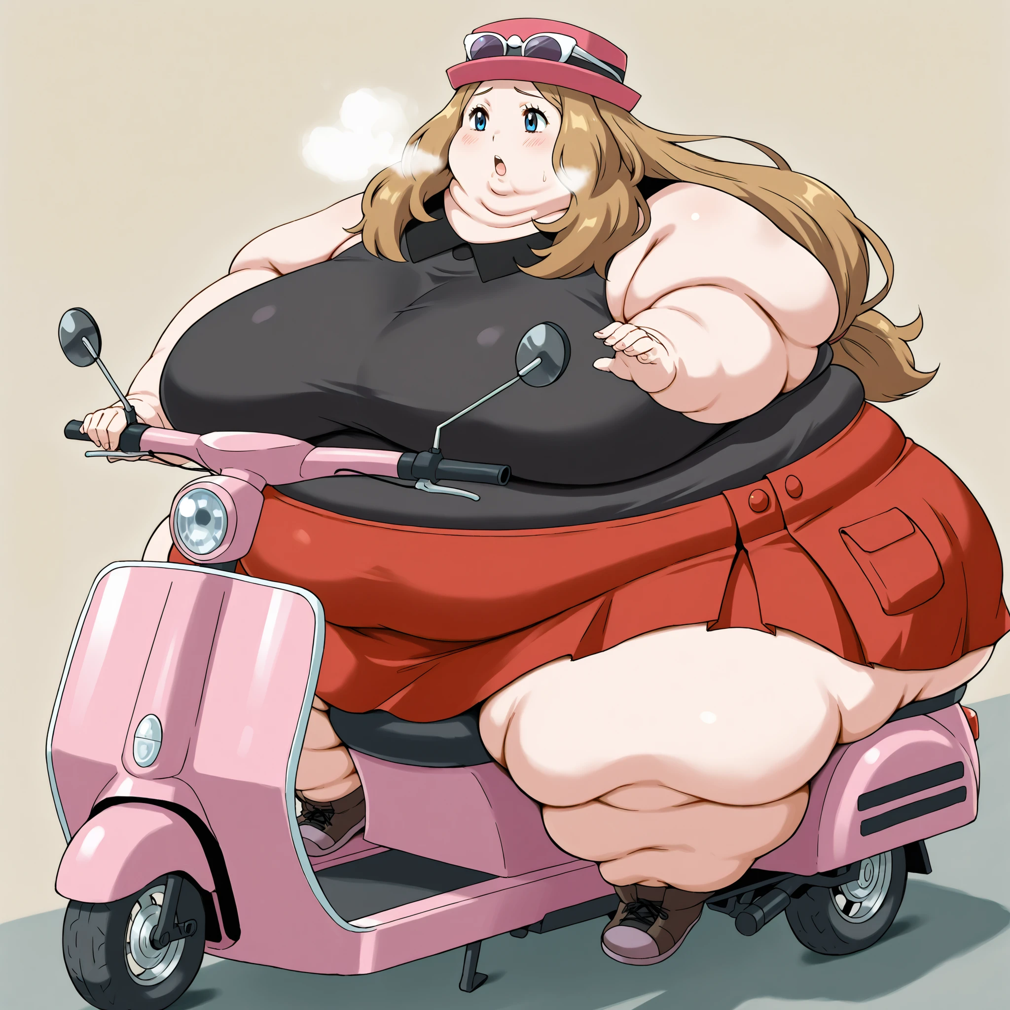 pokemonserena, serena, long hair, blue eyes, brown hair, eyewear on head, hat, skirt, sunglasses, shirt, black shirt, sleeveless, red skirt, pink hat,, fat, chubby, obese,, big breasts open mouth, out of breath, Larger female, full body shot, sitting on a mobility scooter