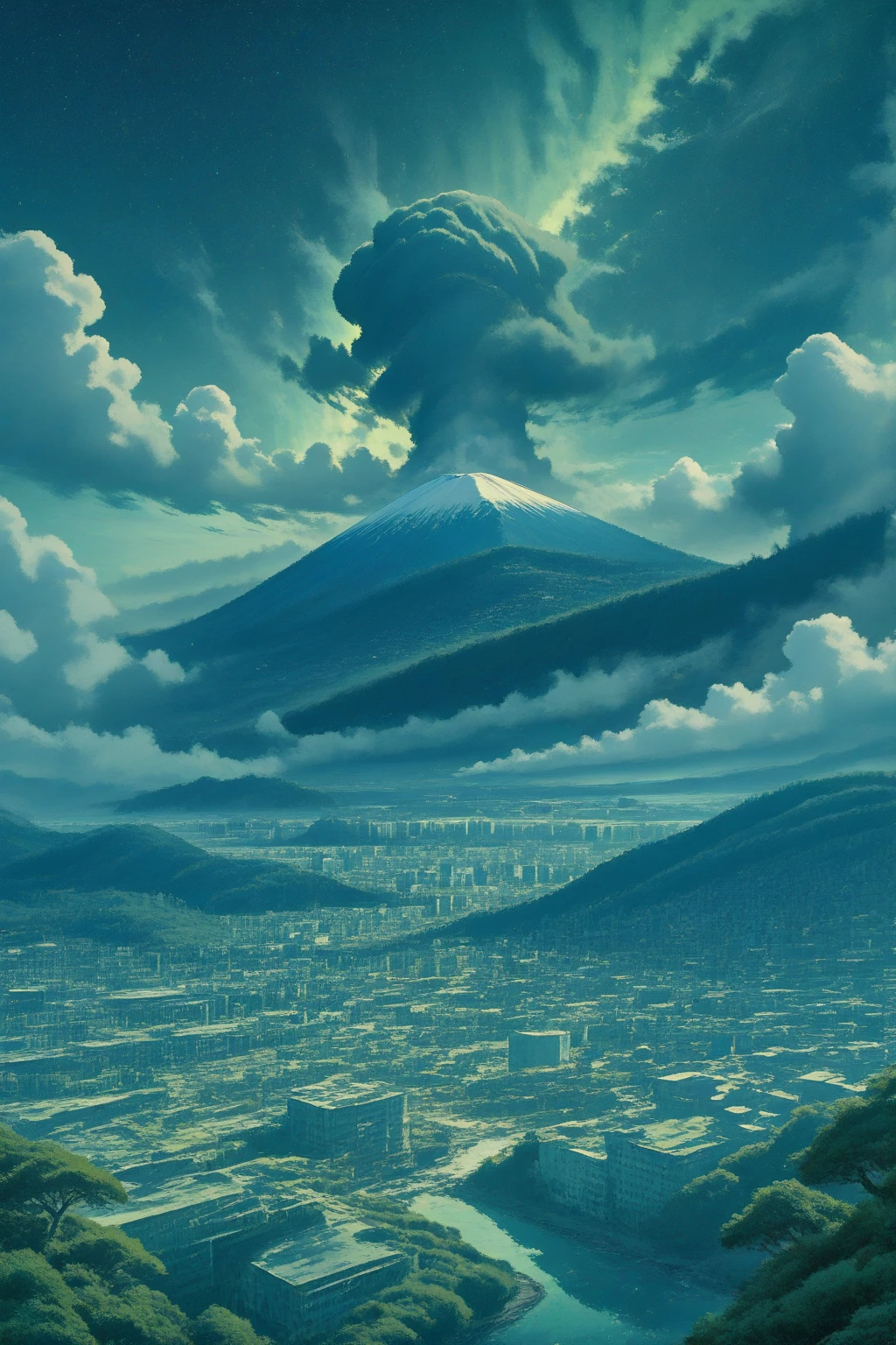 Looming、tiny buildings、Giantess anime、female、、tiny city、Towering、smile、Big eyes、Strong  desire、Real Anime Style、Real  Anime、Low - Angle、Crush lots of tiny buildings、Crash、Biting into Mount Fuji