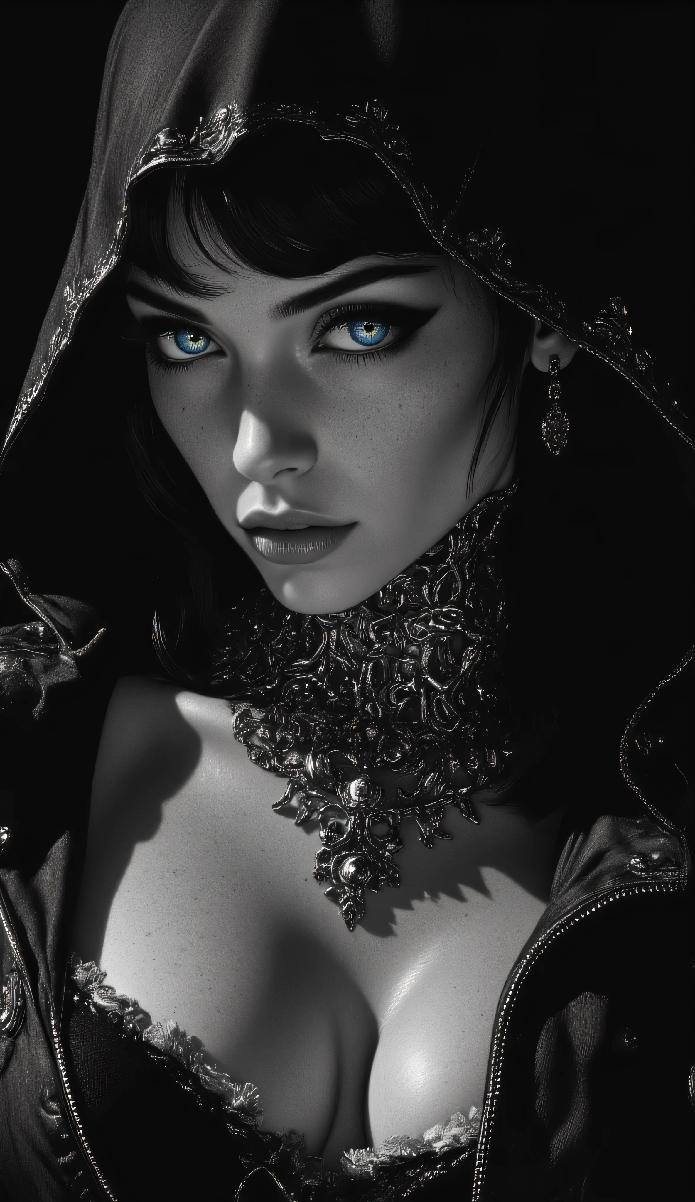 Subject/Composition: Black and white (monochrome), ultra-detailed, cinematic portrait of una figura femminile centrale con penetranti occhi azzurri luminosi. Indossa una rivisitazione gotica e sensuale dell'abito da suora: un cappuccio nero bordato di bianco le copre i capelli, una giacca scura stile pelle è aperta rivelando un top elaborato e succinto. Porta slip decorati a vita bassa, braccialetti e collane.
​Details: Freckled skin with beads of water/sweat. Heavy, smoky makeup, piercing eyes.
​Her expression is a sly, confident smile, suggesting she is waiting for an attack.  Chunky choker/chain necklace and a small dangling earring.
​Lighting/Style: High contrast, dramatic chiaroscuro lighting. Strong single light source casting deep shadows, highlighting muscle tone and texture. Ultra-realistic detail, fine film grain, high sharpness. Tense, humid atmosphere.
​Styles/Artists: Photorealism, Cinematic Lighting, Hyperdetailed, Greg Rutkowski, Artgerm, Loish, Blade Runner, Akira, Ghost in the Shell.