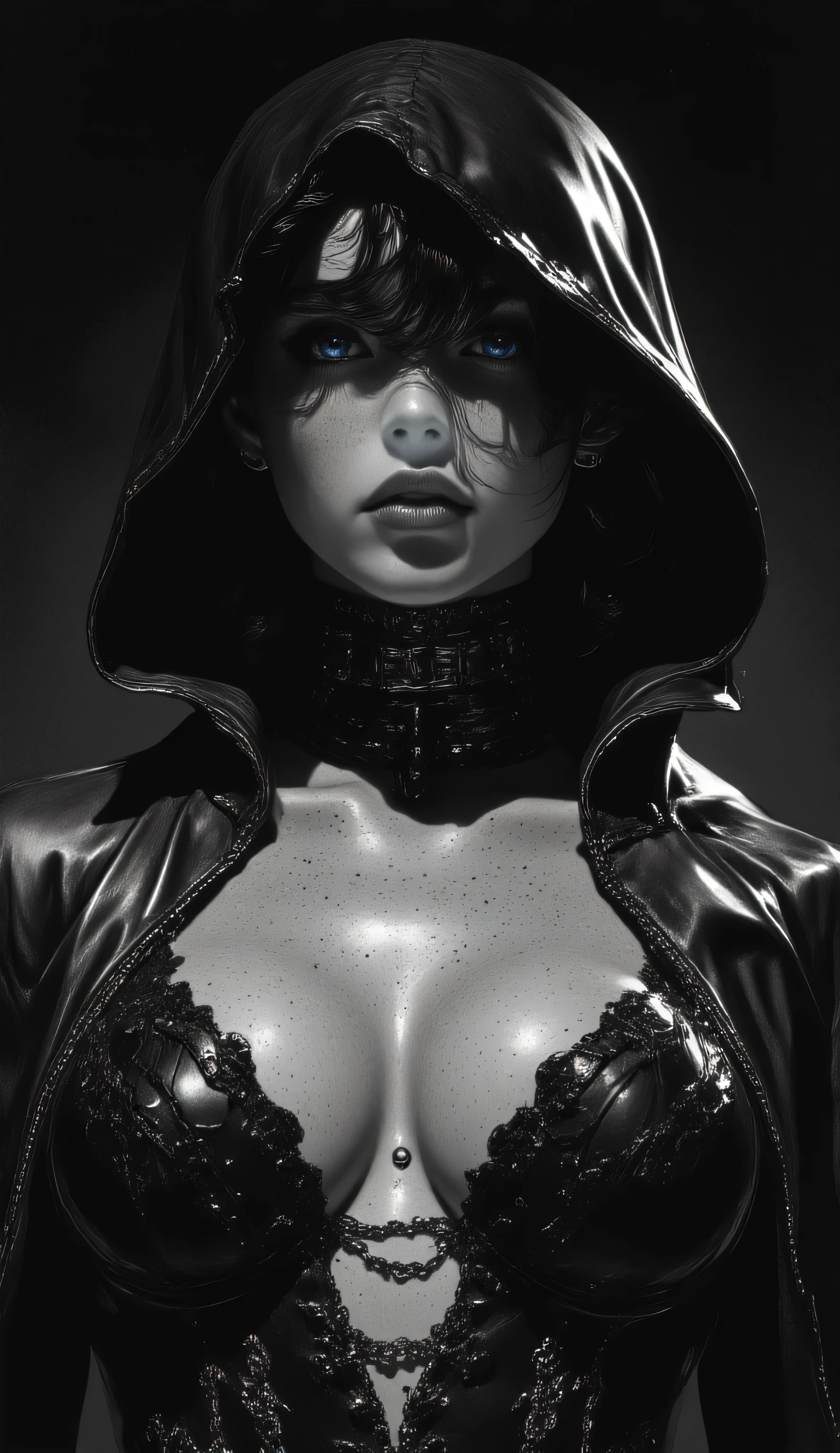 Subject/Composition: Black and white (monochrome), ultra-detailed, cinematic portrait of una figura femminile centrale con penetranti occhi azzurri luminosi. Indossa una rivisitazione gotica e sensuale dell'abito da suora: un cappuccio nero bordato di bianco le copre i capelli, una giacca scura stile pelle è aperta rivelando un top elaborato e succinto. Porta slip decorati a vita bassa, braccialetti e collane.
​Details: Freckled skin with beads of water/sweat. Heavy, smoky makeup, piercing eyes.
​Her expression is a sly, confident smile, suggesting she is waiting for an attack.  Chunky choker/chain necklace and a small dangling earring.
​Lighting/Style: High contrast, dramatic chiaroscuro lighting. Strong single light source casting deep shadows, highlighting muscle tone and texture. Ultra-realistic detail, fine film grain, high sharpness. Tense, humid atmosphere.
​Styles/Artists: Photorealism, Cinematic Lighting, Hyperdetailed, Greg Rutkowski, Artgerm, Loish, Blade Runner, Akira, Ghost in the Shell.