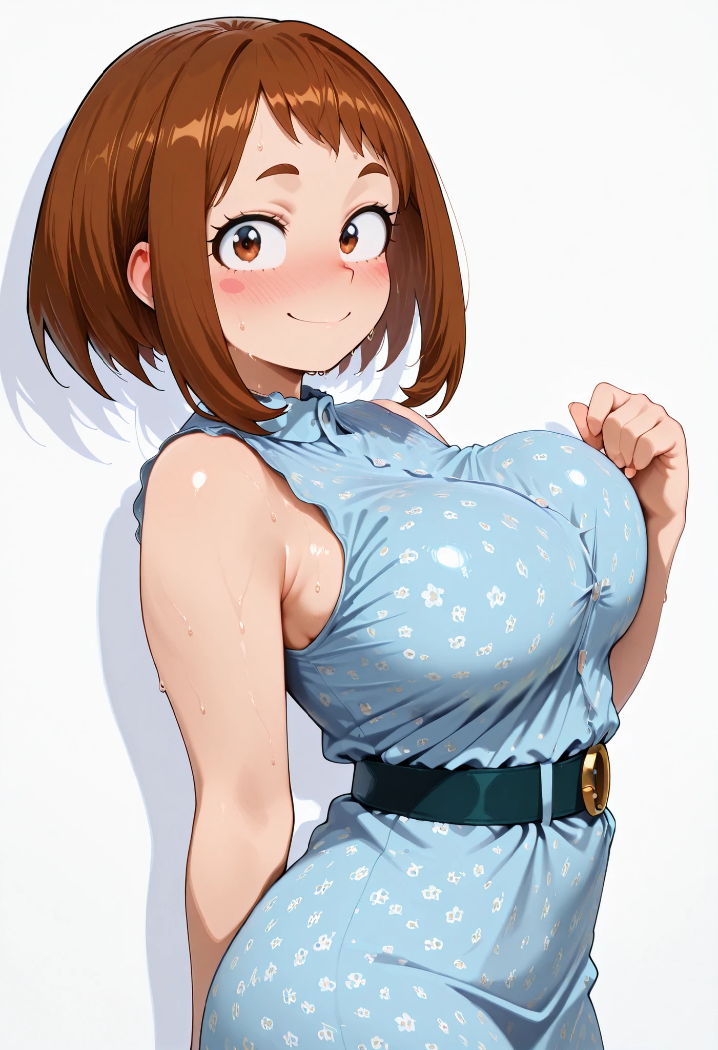 (masutepiece, Best Quality, hight resolution,, Perfect Pixel, depth of fields, 4K), Beautiful anime girl, Perfect body , uraraka ochako ,,,,, , , jewelry, , , sweat, , ,looking at viewer, , , ,, smile, , blush, with an extremely curvy and voluptuous figure, looking at viewer, shiny skin, shiny hair, shiny body, clear body, nose blush, BREAST FOCUS,, tight clothes completely flat white and empty background,,, SOLO, white background, empty background, LARGE BREASTS, STANDING, POSING, side pose, view from side, side wiew, side looking,contrapasso, view from front, floral print dress, belt