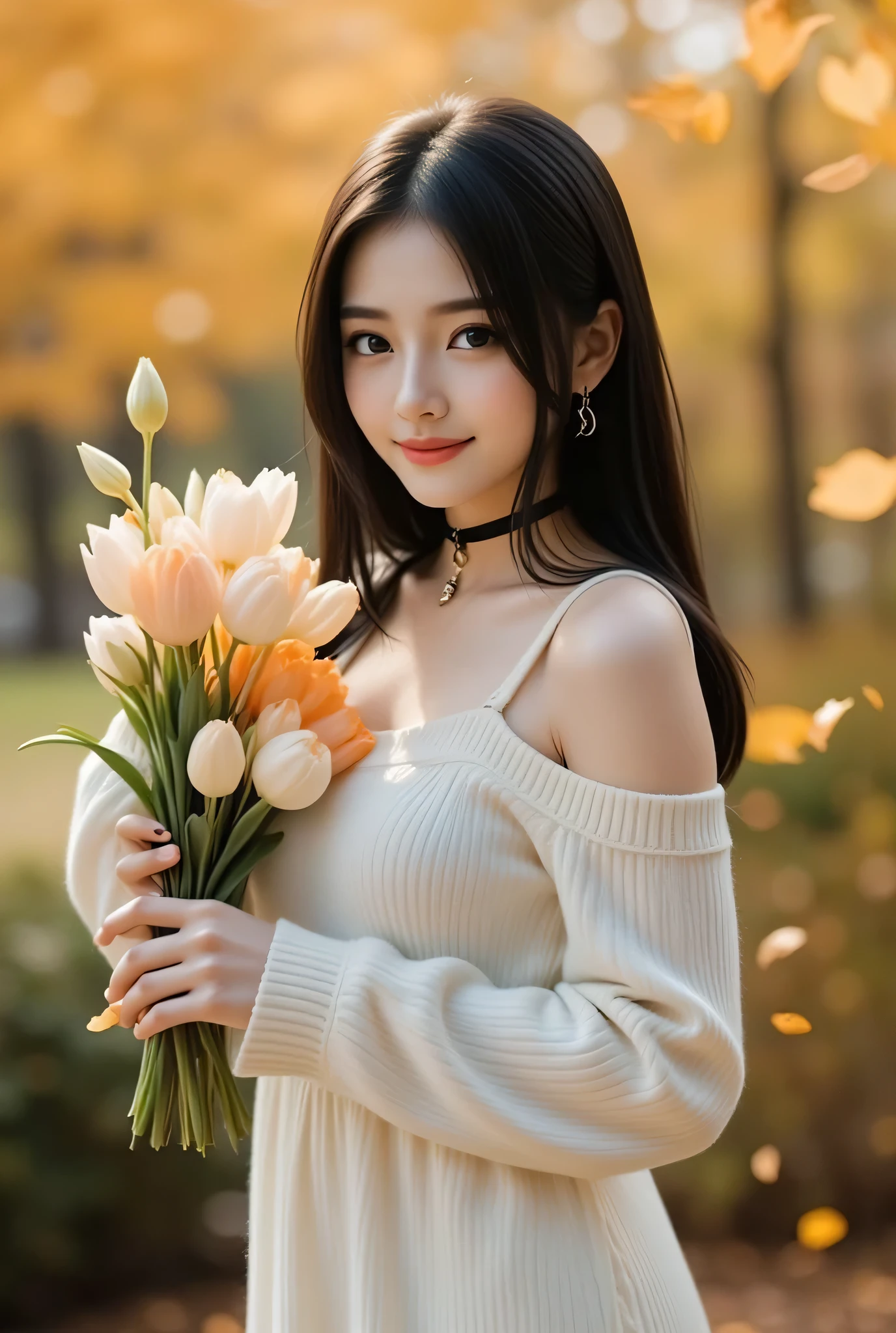 (straight long black hair),long hairが風に軽くなびき、Looking in the direction of the flower、Beautiful Woman、One person、One person、long hair、viewers、Smile、blue eyes、hair ornaments、(Wears Black Deep Glasses)、soft lights、Rimlight、bright detail、short bob hair、dark haired、Big Natural Lips、、(perfect body)、beautiful legs、break) (A fusion of a sleeveless white and black monotone off-shoulder sweater and a white micro dress wearing gold-rimmed glasses:1.4)、(body line:1.2)、 ((Bare Shoulders、Thin wrists、bare thighs):1。3)、(Black Choker Necklace)、(wool:1。2)、((Underbust from a Veil、Side Skin):1。2)、break(Heeled Sandals:1。2)、(earrings from behind:1。3)、 (Bangles:1.2)teeth、Cry a little、小さなSmile、20 year old girl、cute type 、、maha's rya(Very beautiful young teenage girl, beauty of an IDOL), Tampilan Full Body, wearing a sexy autumn costume, auto customized hairstyle model, straight medium dark hair, suasana musim gugur, garden with autumn leafy trees whose leaves are falling, the effect of autumn leaves falling around, poses staring in the direction of falling leaves into her raised hands, (Mata Biru jernih, mata bulat besar, very beautiful eyes), hidung mancung, bibir merah lembut, perfect small tits, (cleavage on the lower chin), Tubuh langsing, very white and clean skin, Perfectly proportioned body and head, pakai anting kecil, 8K ultra HD resolution, photorealistic quality, Ketajaman Maksimal, karya agung, 8k, Kualitas Tertinggi, super detail, resolusi tinggi, sangat detail, Foto yang jelas, detail realistis, highly detailed background, Very clear background.