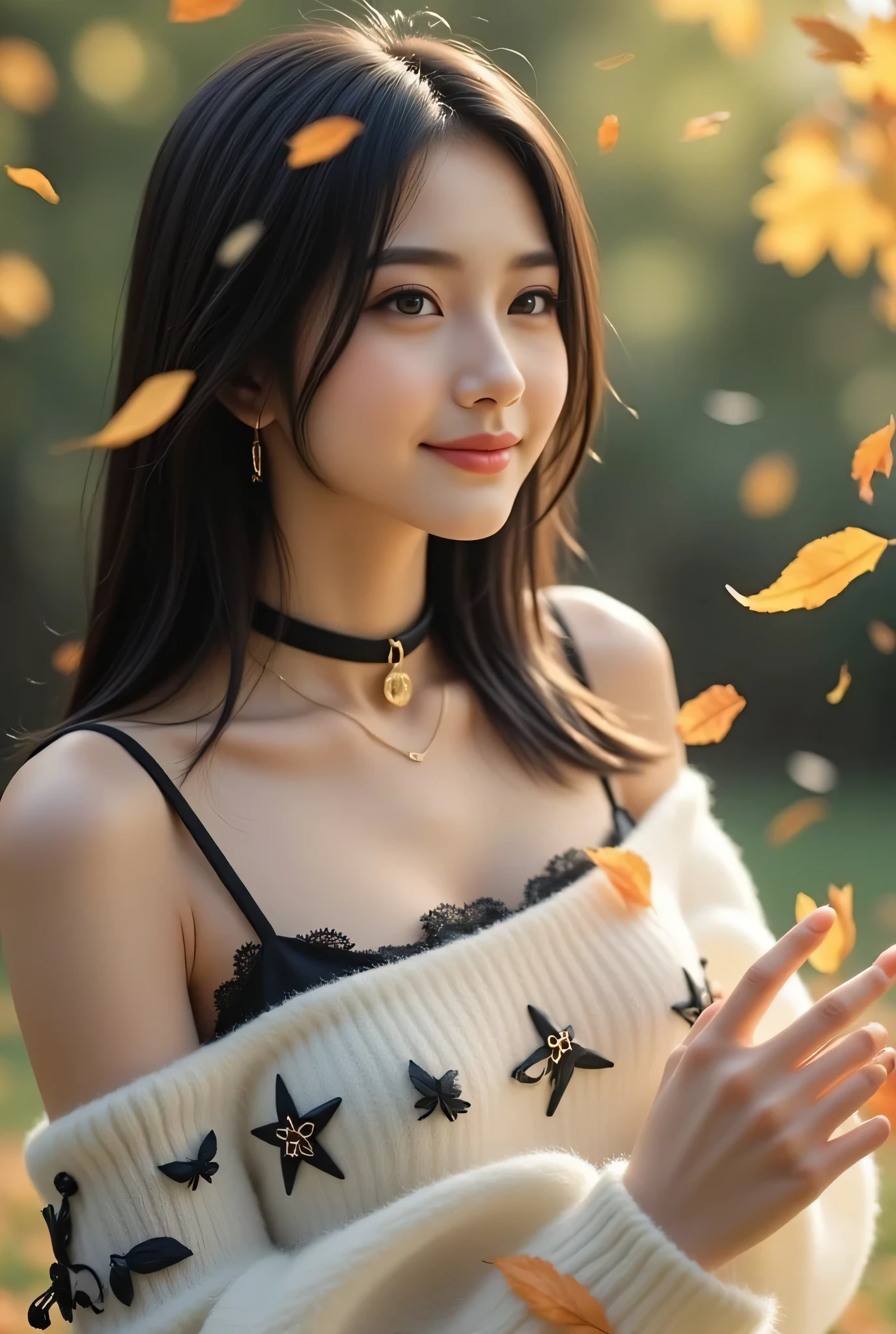 (straight long black hair),long hairが風に軽くなびき、Looking in the direction of the flower、Beautiful Woman、One person、One person、long hair、viewers、Smile、blue eyes、hair ornaments、(Wears Black Deep Glasses)、soft lights、Rimlight、bright detail、short bob hair、dark haired、Big Natural Lips、、(perfect body)、beautiful legs、break) (A fusion of a sleeveless white and black monotone off-shoulder sweater and a white micro dress wearing gold-rimmed glasses:1.4)、(body line:1.2)、 ((Bare Shoulders、Thin wrists、bare thighs):1。3)、(Black Choker Necklace)、(wool:1。2)、((Underbust from a Veil、Side Skin):1。2)、break(Heeled Sandals:1。2)、(earrings from behind:1。3)、 (Bangles:1.2)teeth、Cry a little、小さなSmile、20 year old girl、cute type 、、maha's rya(Very beautiful young teenage girl, beauty of an IDOL), Tampilan Full Body, wearing a sexy autumn costume, auto customized hairstyle model, straight medium dark hair, suasana musim gugur, garden with autumn leafy trees whose leaves are falling, the effect of autumn leaves falling around, poses staring in the direction of falling leaves into her raised hands, (Mata Biru jernih, mata bulat besar, very beautiful eyes), hidung mancung, bibir merah lembut, perfect small tits, (cleavage on the lower chin), Tubuh langsing, very white and clean skin, Perfectly proportioned body and head, pakai anting kecil, 8K ultra HD resolution, photorealistic quality, Ketajaman Maksimal, karya agung, 8k, Kualitas Tertinggi, super detail, resolusi tinggi, sangat detail, Foto yang jelas, detail realistis, highly detailed background, Very clear background.