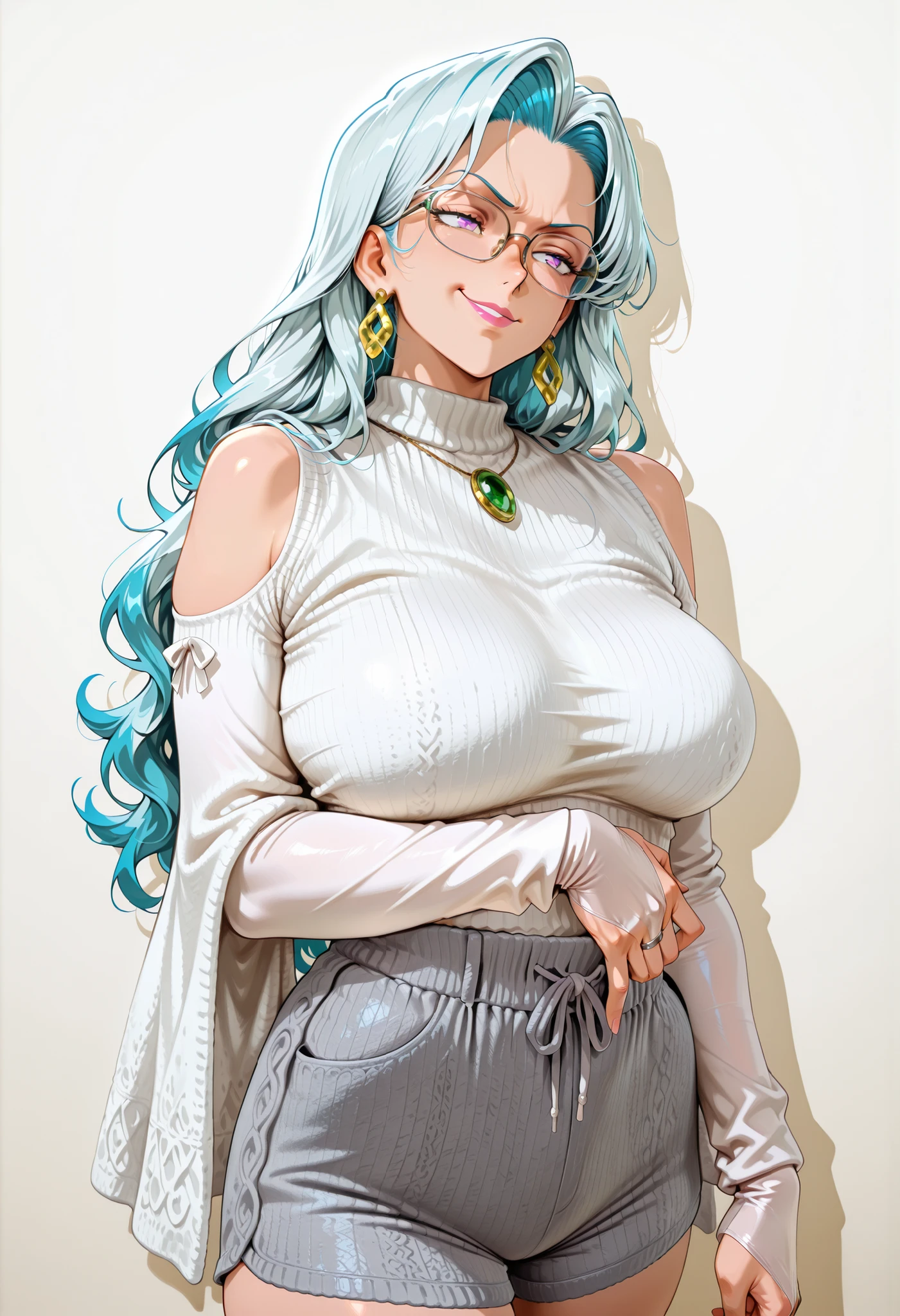 score_9, score_8_up, score_7_up, score_6_up, source_anime, BREAK 1girl, mature female, , psykos, cyan hair, wavy hair, glasses, earrings,, bridal gauntlets, large breasts, looking at you, smirk, STANDING, POSING, WHITE BAKCGROUND, EMPTY BACKgROUND, white sweater, grey shorts, shoulder cutouts