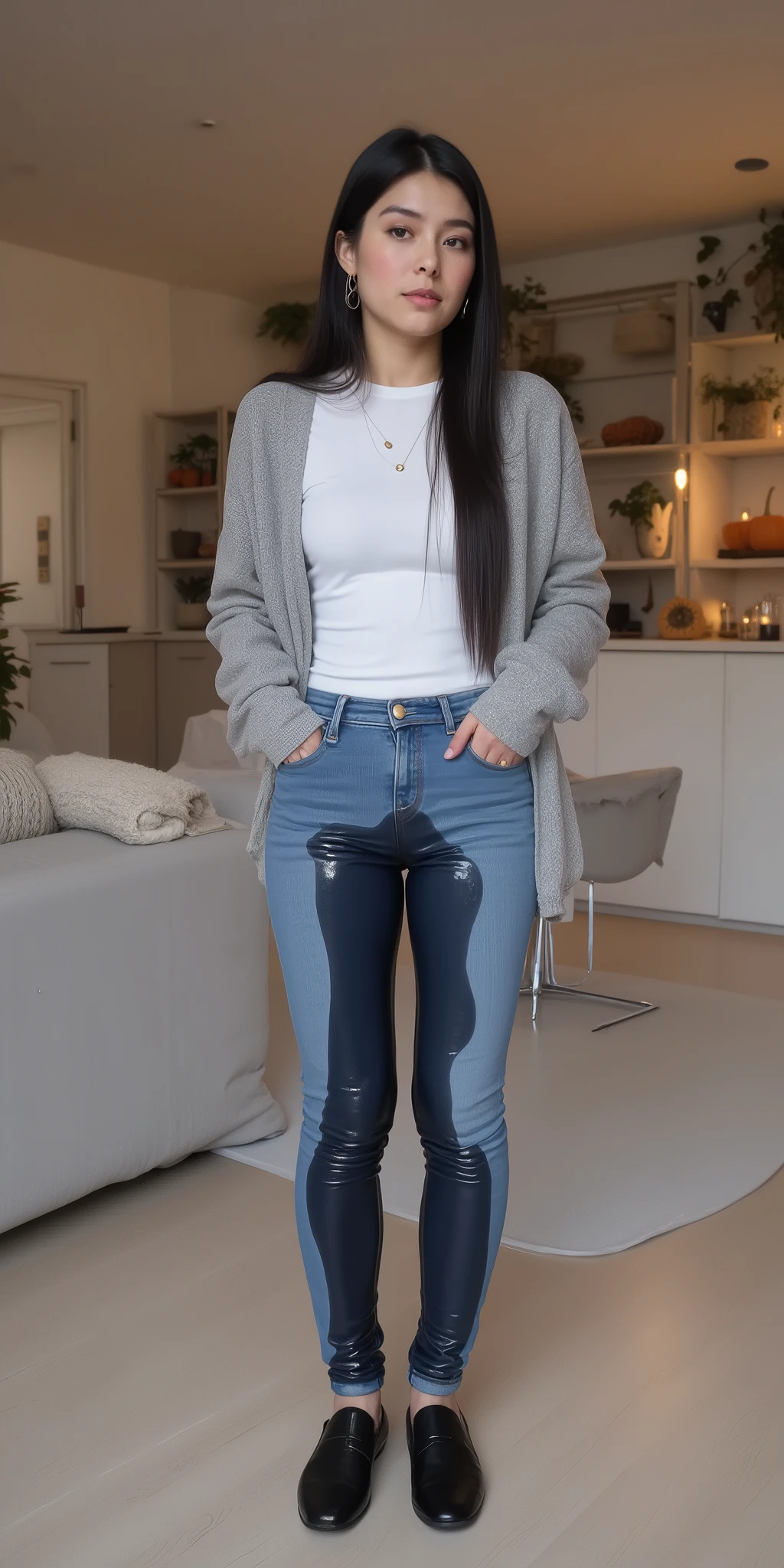 peed, large water stain, 1girl, 8k high resolution, best quality, youthful Norwegian female, long straight jet black hair with glossy finish, smooth forehead, light gray-blue eyes, fair skin with cool undertone, slim and graceful body, B-cup bust, white fitted long-sleeve top tucked into mid-blue high-rise skinny jeans fully soaked with wide spreading water stain, darkened denim from waist to hem, wet fabric clinging to legs and hips, reflective moisture sheen, dripping at cuffs, minimalist silver belt buckle, soft gray oversized cardigan draped over shoulders, black leather loafers slightly damp at edges, silver hoop earrings, thin silver necklace, neutral makeup with soft pink blush and lips, minimalist Scandinavian chic fashion, indoor apartment with light wooden floor, neutral beige and gray decor, warm ambient lighting, autumn candles and knitted blankets, potted plants, pumpkins and fall leaves arranged on shelves, cozy October evening atmosphere, realistic soaked clothing effect, tense and embarrassed posture.