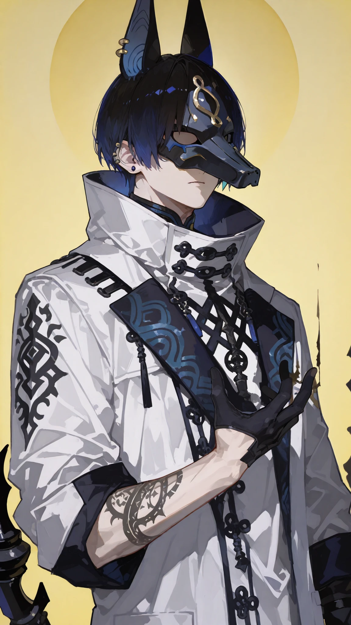 Black Anubis mask guy,Dark Blue Hair, Black hair,Gradient hair,High Collar White Coat,Tattoo on the arm,PUZZLING SHADOWS ON THE FACE,Piercing ear lobes,standing,,yellow background, waiving hand,Upper Body Shape,short hair,High collar, mouth cover