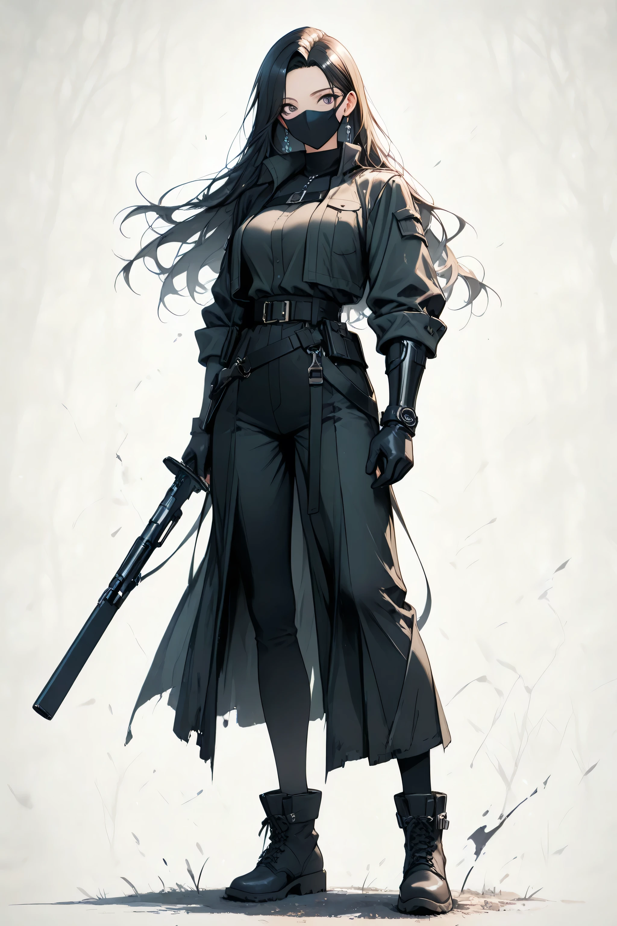 Detailed anime-style character, plain solid background,human, female, adult, standing, full body. A professional, masterfully-rendered portrait. Elegant, dark shinobi shozoku with reinforced plating on forearms and shins, a discreet tanto visible at her hip, and soft, silent tabi boots. Her face is partially obscured by a traditional mask. Ink blacks, deep forest greens, and muted bronze accents. Moonlit temple rooftops, misty atmosphere, agile and poised, focused gaze. Subtle aura, natural light, delicate features, serene expression, expressive posture. High resolution, 4K, ultra-detailed, physically-based rendering, vivid colors.Against clean plain solid backdrop with no color bleeding into character design , sharp contrast between subject and background