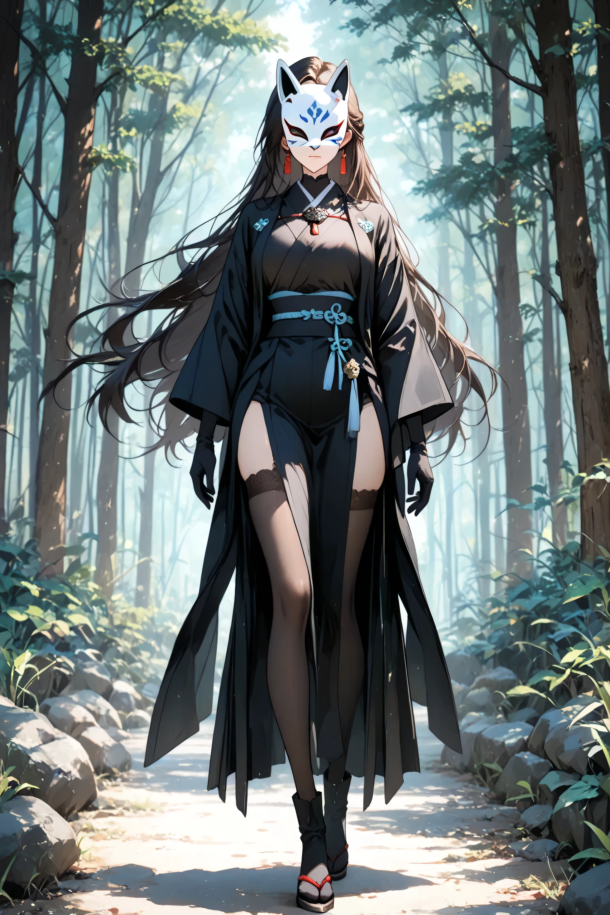 Detailed anime-style character, human, female, adult, standing, full body. A professional, masterfully-rendered portrait. Elegant, dark shinobi shozoku with reinforced plating on forearms and shins, a discreet tanto visible at her hip, and soft, silent tabi boots. Her face is partially obscured by a traditional mask. Ink blacks, deep forest greens, and muted bronze accents. Moonlit temple rooftops, misty atmosphere, agile and poised, focused gaze. Subtle aura, natural light, delicate features, serene expression, expressive posture. High resolution, 4K, ultra-detailed, physically-based rendering, vivid colors.Against clean plain solid backdrop with no color bleeding into character design , sharp contrast between subject and background