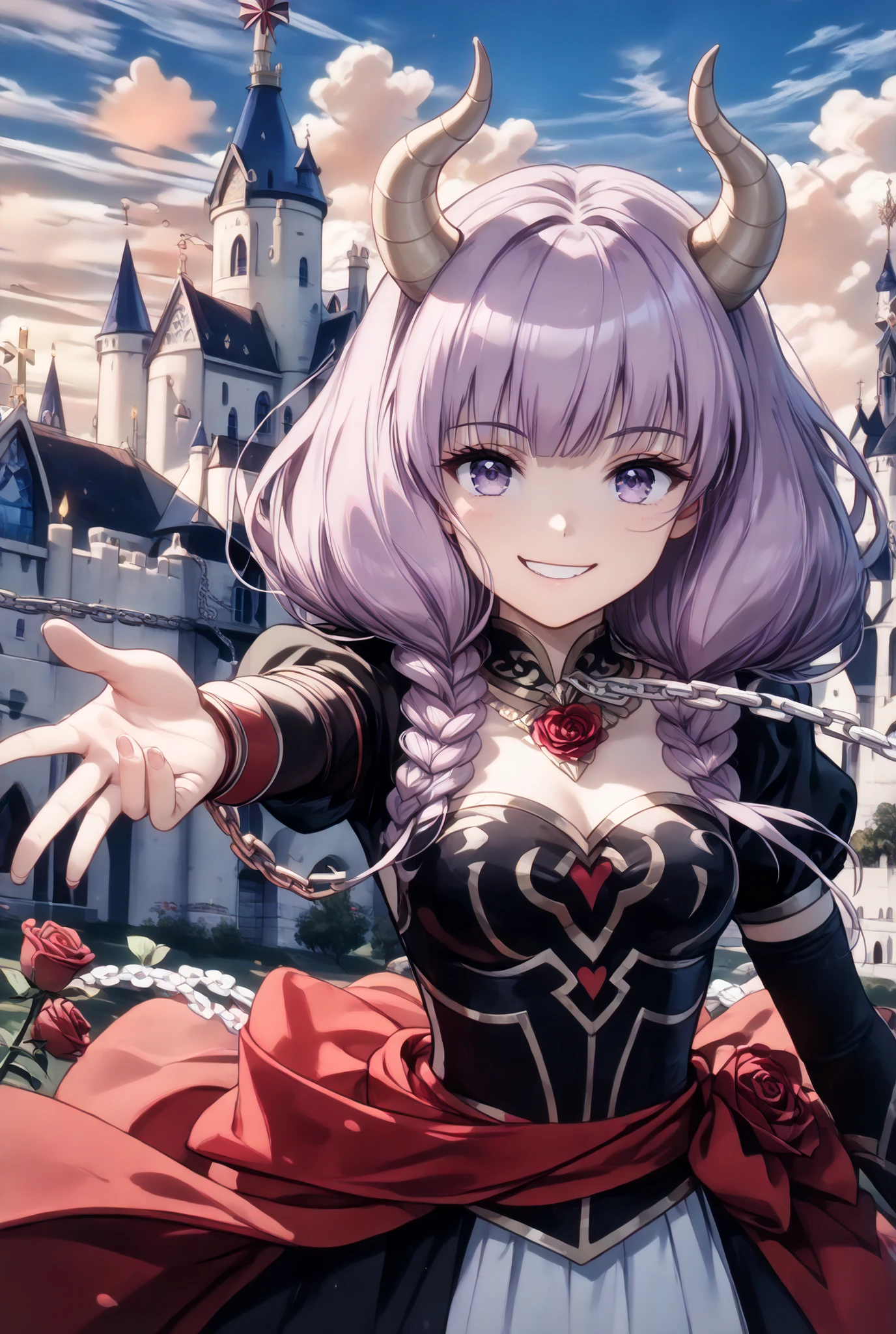 masterpiece,very detailed,beautiful faces,And high-precision,(cute Devil's Rose assassin girl:1.5),(ONE WOMAN),she is sitting in the devil's dark bedroom bed、(The background is a castle in the sky floating in the sky:1.5),Candlelight,external, Expression of victory ,(fearless smile:1.5),light reddish purple hair,light purple eyes,(she has white chains in both hands:1.5)
so cute,doing a devil's ceremony,My cheeks are blurry and red, Cowboy Shots,(she has a balance in her left hand:1.5),I'm looking at a castle in the sky,