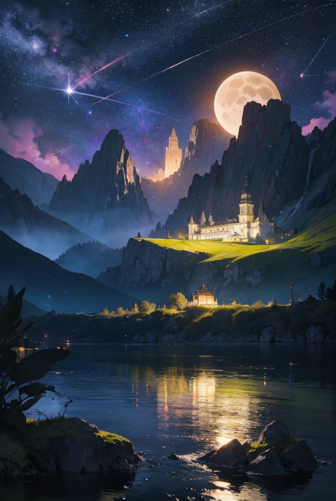(maximum, Super detailed, Cinematic, Ultra-high resolution), night, Mountain, Dark Sky, (Big moon in the sky), (Saturn in the sky), Galaxy in the sky, Nebula in the sky, the snow's, (Old Western-style building), Flower Field
