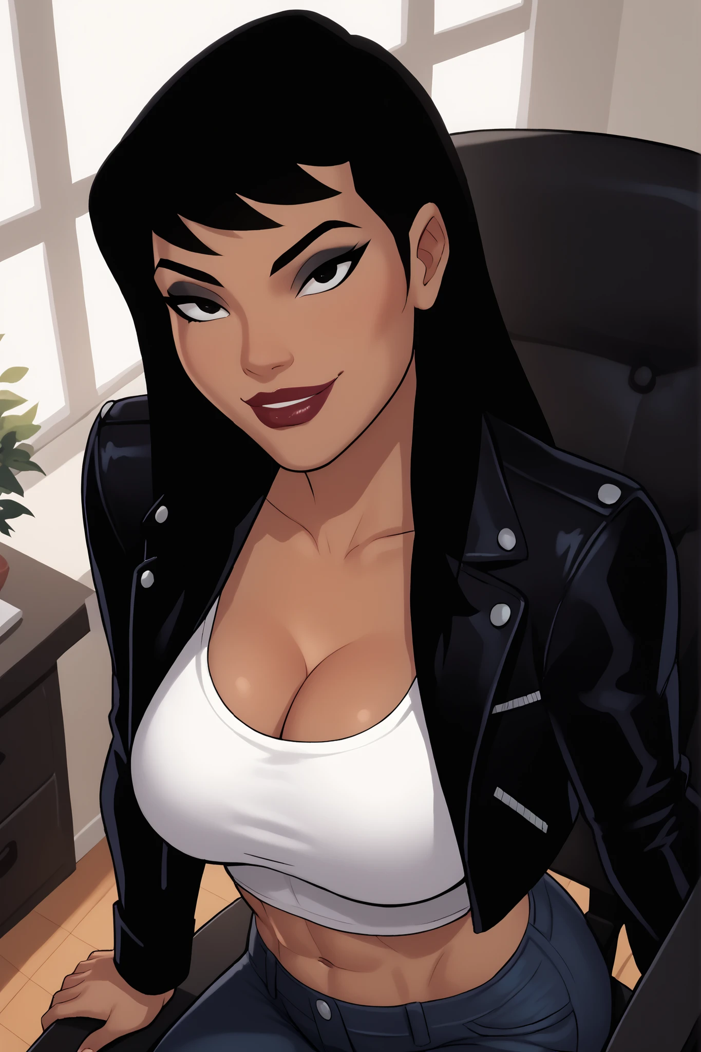 BREAK, score_6_up, score_7_up, score_8_up, score_9, 1girl, solo, Drlight, long hair, black hair, black eyes, lipstick, makeup, dark-skinned female,  , busty, cleavage, curvy, athletic, midriff, looking at viewer, seducing viewer, teasing viewer,  expression, smiling, closed mouth, bedroom eyes, long sleeves, black leather jacket, white crop top, black jeans, indoors, bedroom, sitting in chair, closeup, portrait, upper body, high-angle view, black eyeshadow